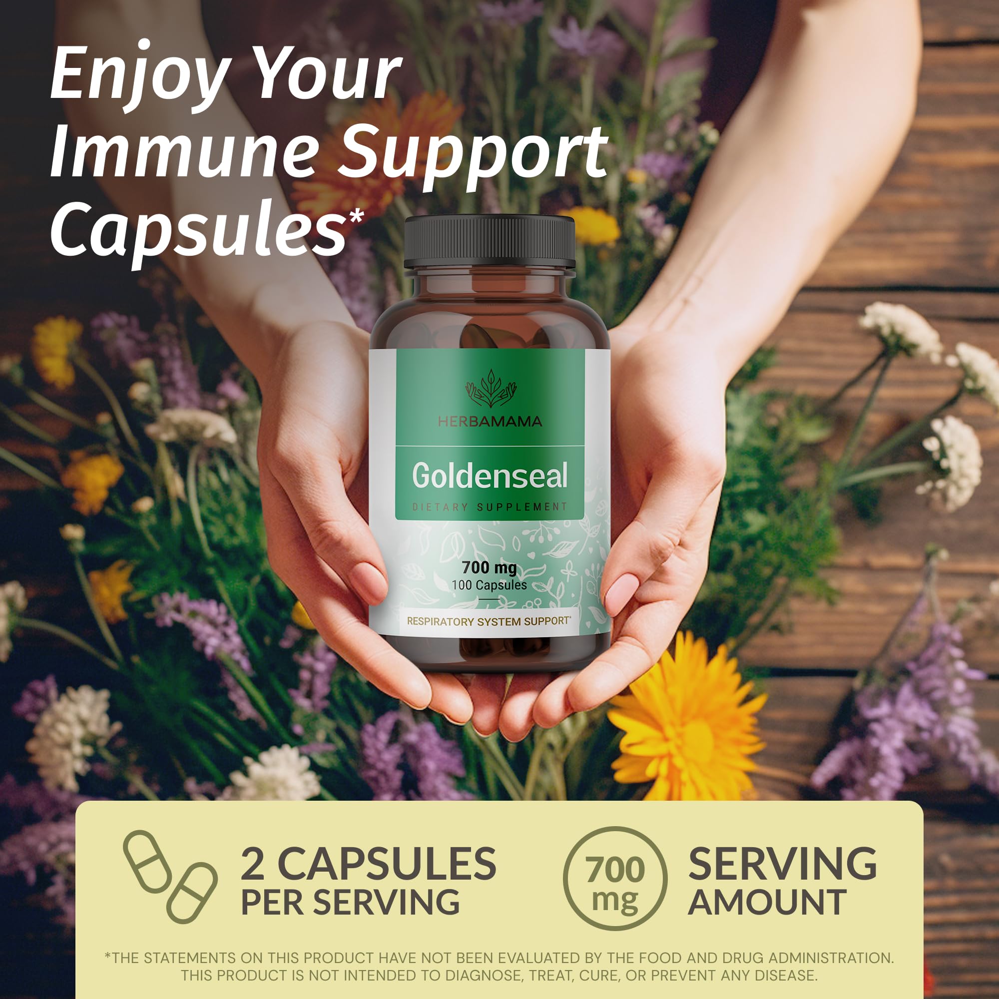 Goldenseal Root Capsules 700mg - Immune & Respiratory Support | Vegan, Non-GMO | Herbamama