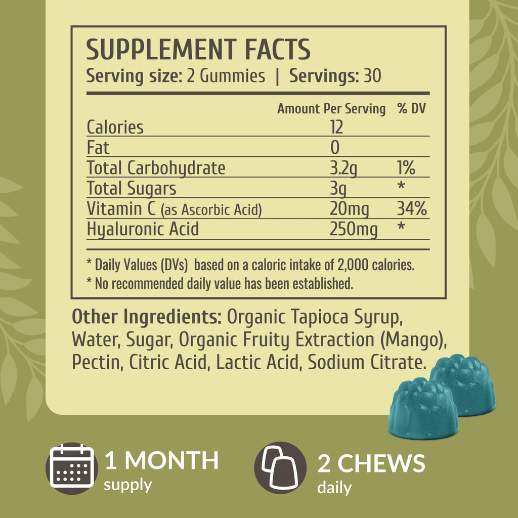 HERBAMAMA Hyaluronic Acid Gummies – 250mg Pure Hyaluronic Acid for Hair, Skin & Nails – Vegan, Non-GMO – 60 Pectin-Based Mango Chews