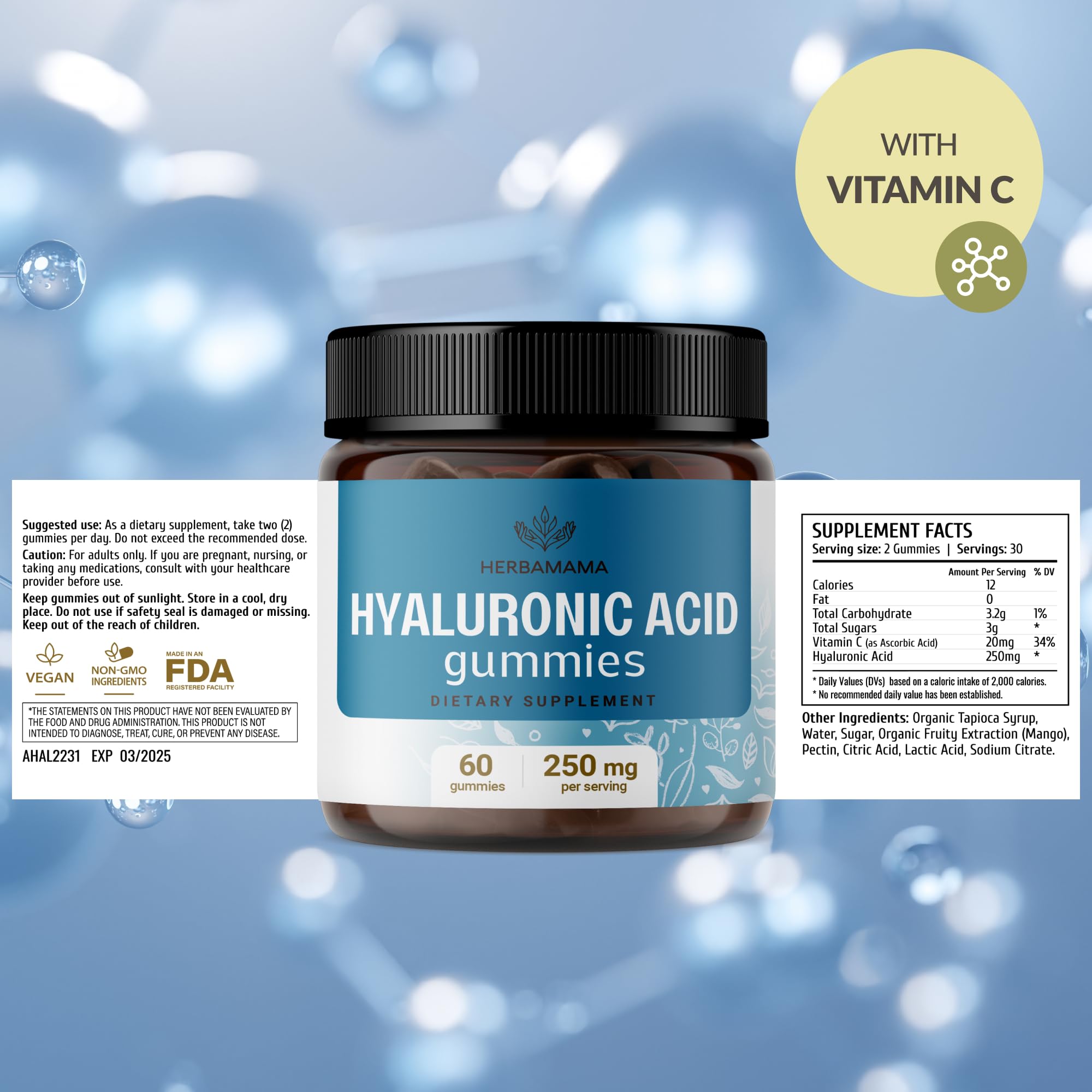 HERBAMAMA Hyaluronic Acid Gummies – 250mg Pure Hyaluronic Acid for Hair, Skin & Nails – Vegan, Non-GMO – 60 Pectin-Based Mango Chews