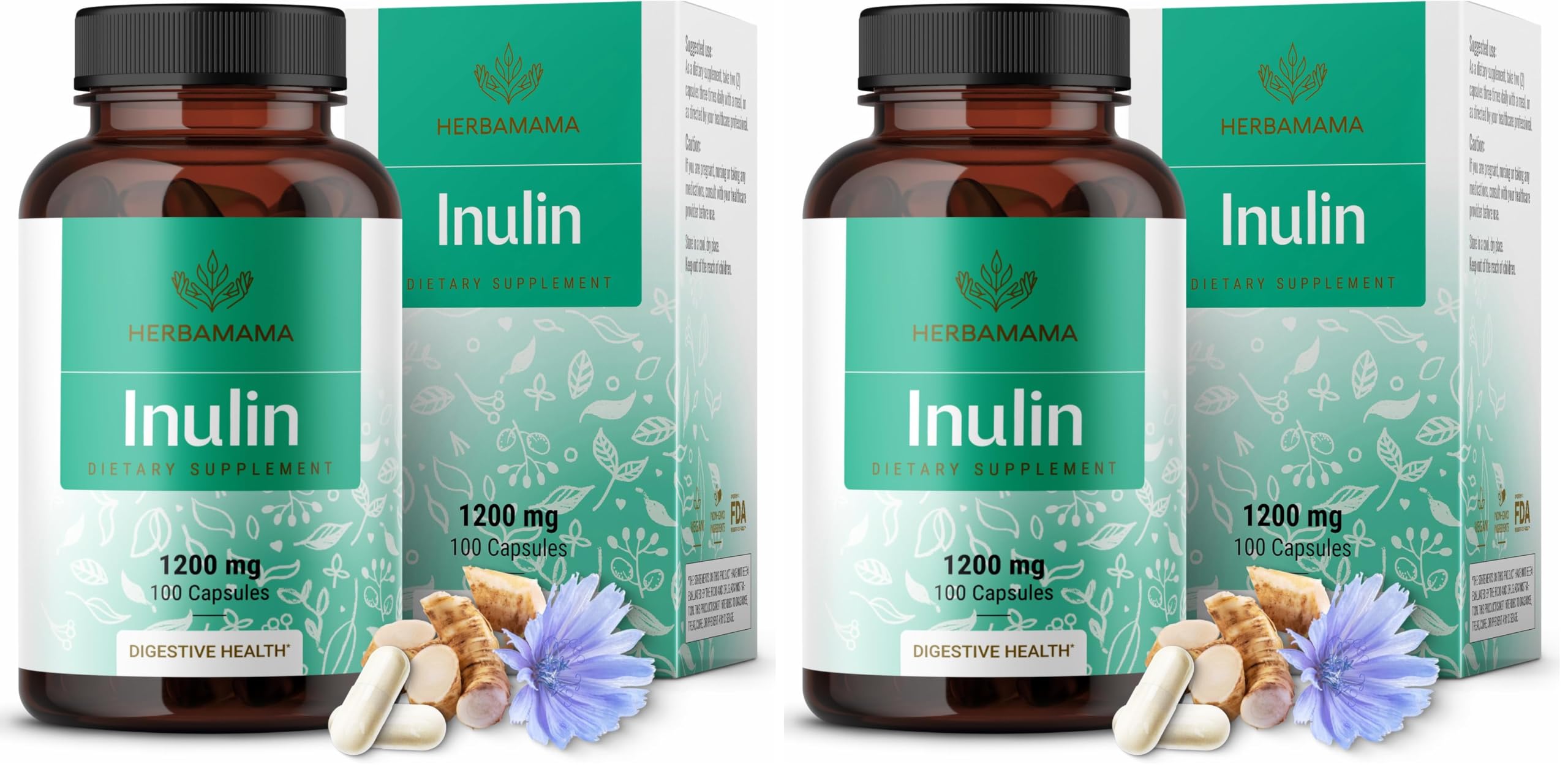 HERBAMAMA Inulin Powder Capsules 1200mg – Digestive Support & Prebiotic Fiber (Pack of 2)