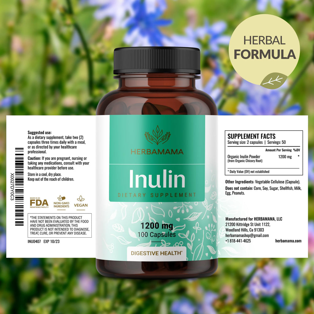 HERBAMAMA Inulin Powder Capsules 1200mg – Digestive Support & Prebiotic Fiber (Pack of 2)