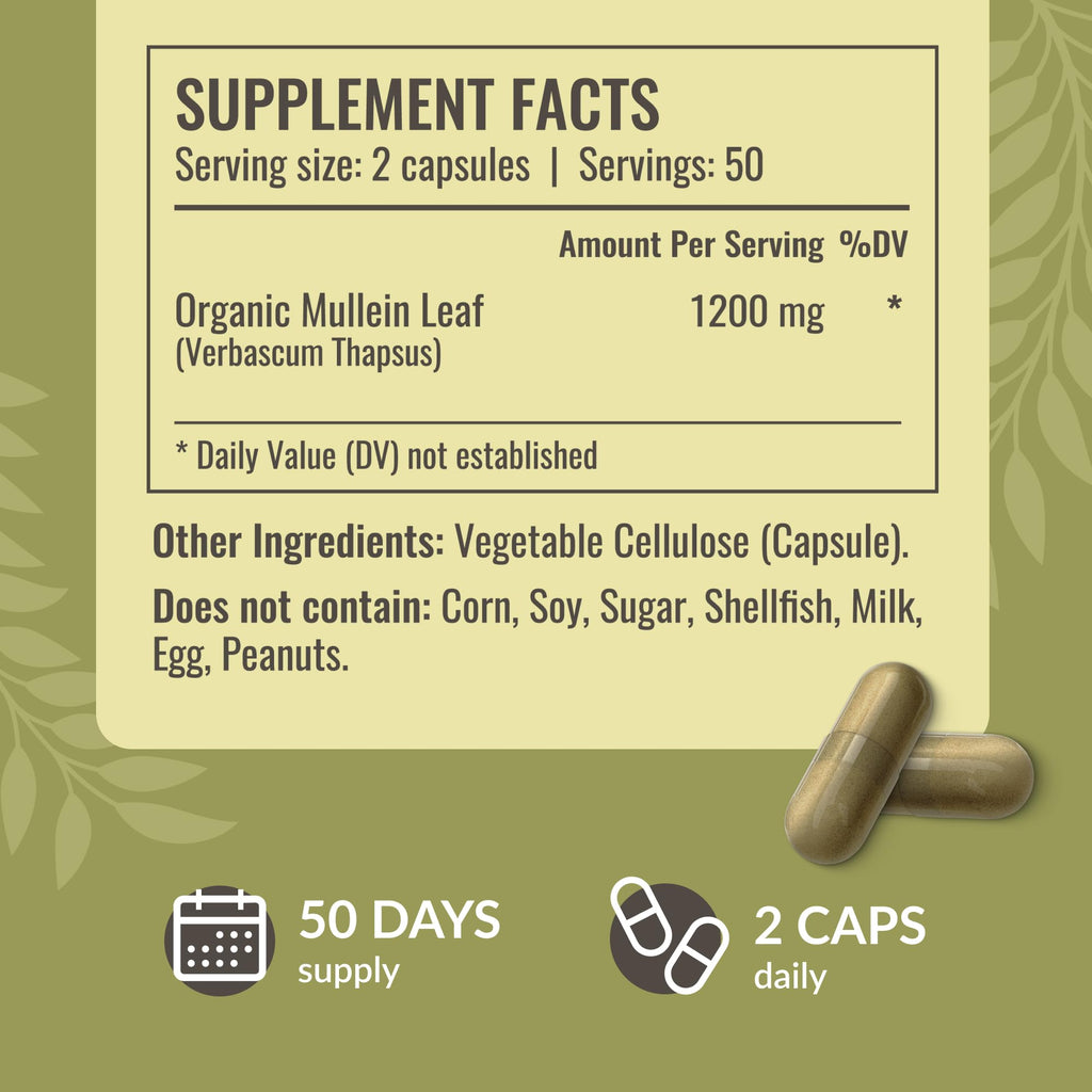 HERBAMAMA Mullein Leaf Capsules - 1200mg Lung Detox Support | Vegan & Non-GMO | Pack of 2