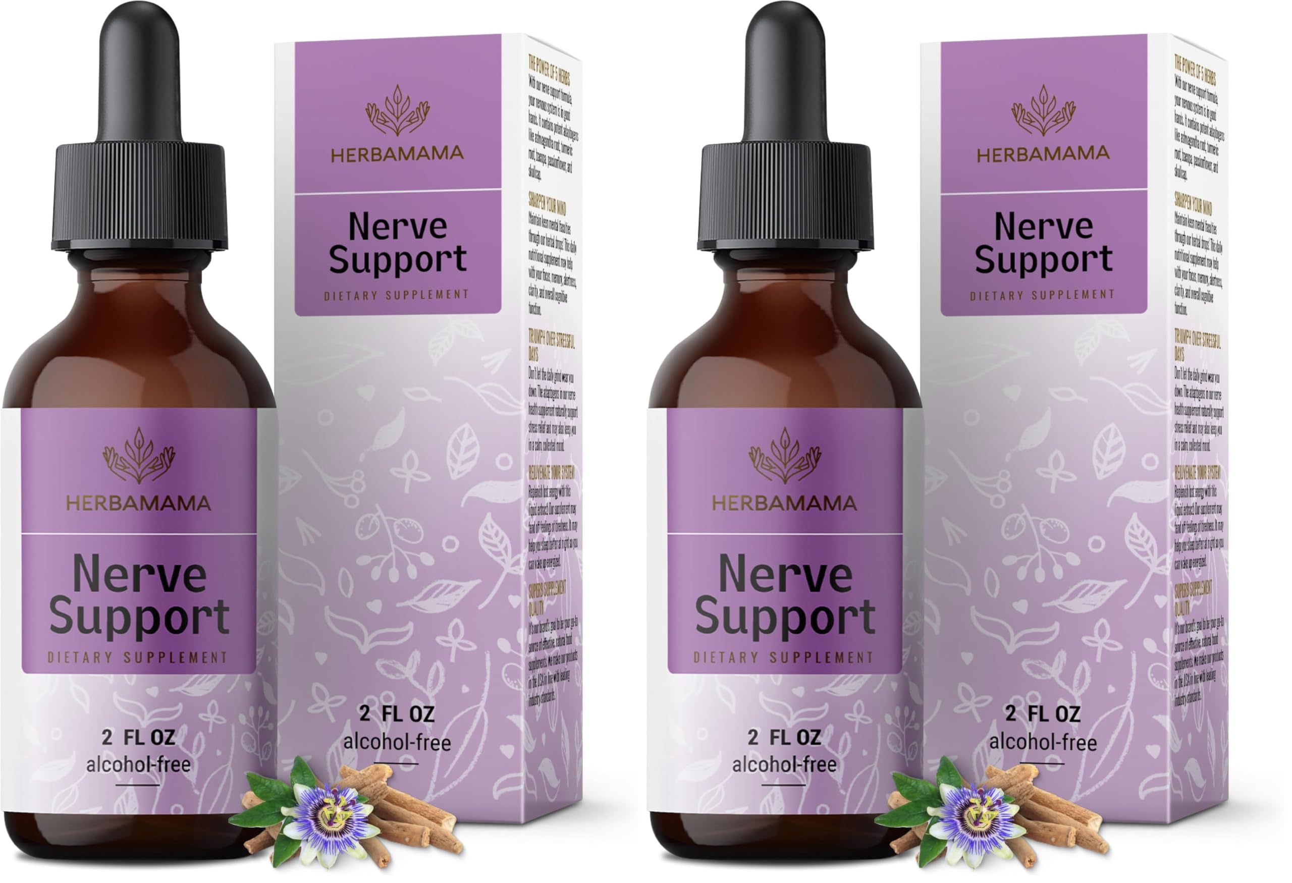 HERBAMAMA Nerve Support Supplement - Vegan Nerve Support Formula with Ashwagandha & Bacopa Monnieri for Brain - Non-GMO, Alcohol & Sugar-Free Daily Calming Drops for Adults, 28-Day Supply (Pack of 2)