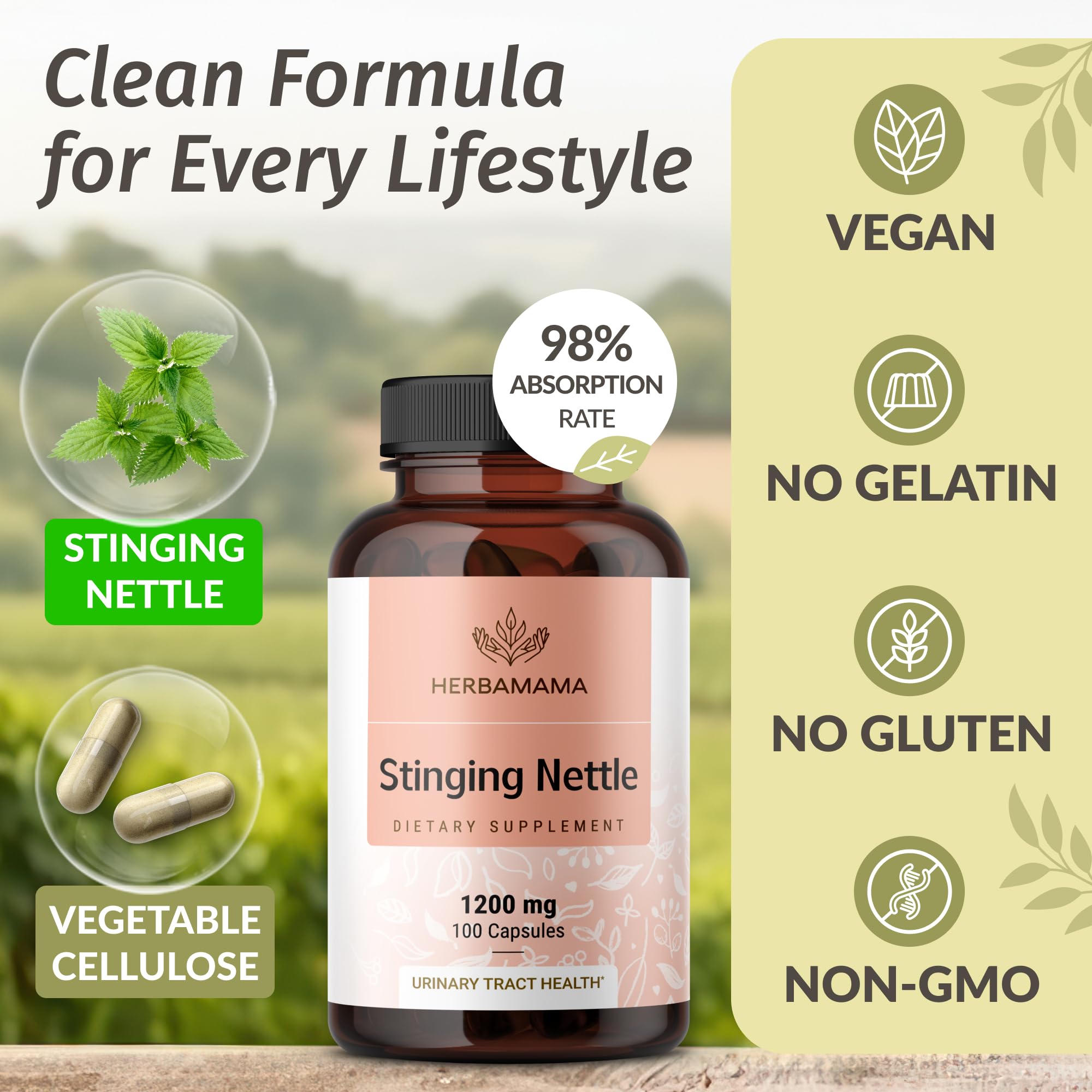 HERBAMAMA Stinging Nettle Capsules 1200mg Root Extract – Urinary Tract Support (Vegan, Non-GMO)