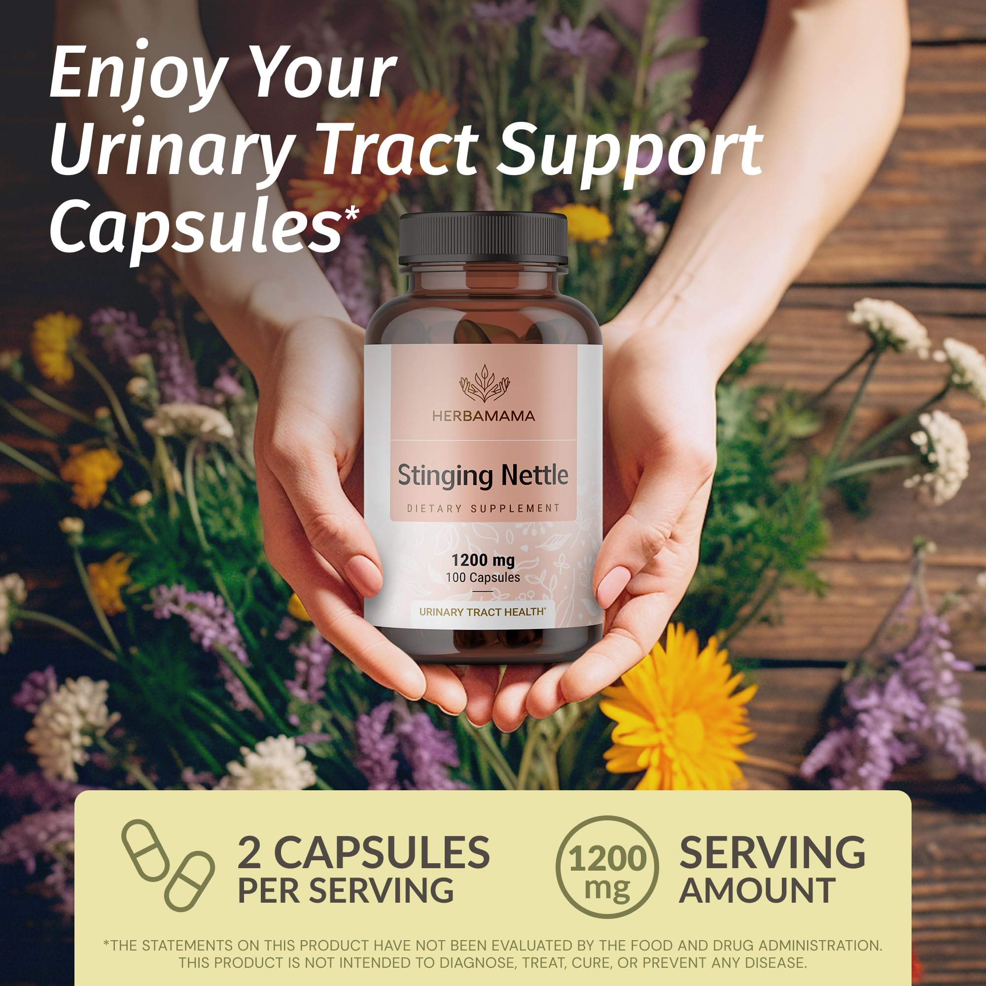 HERBAMAMA Stinging Nettle Capsules 1200mg Root Extract – Urinary Tract Support (Vegan, Non-GMO)