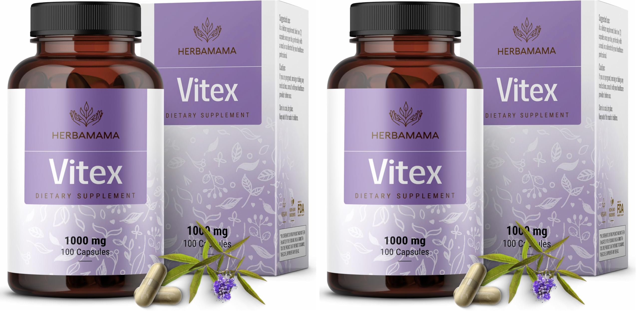 HERBAMAMA Vitex Fruit Capsules - 1000mg Chaste Tree Berry Powder for Women's Support - Vegan, Non-GMO Pure Vitex Chasteberry Supplement for Women (Pack of 2)