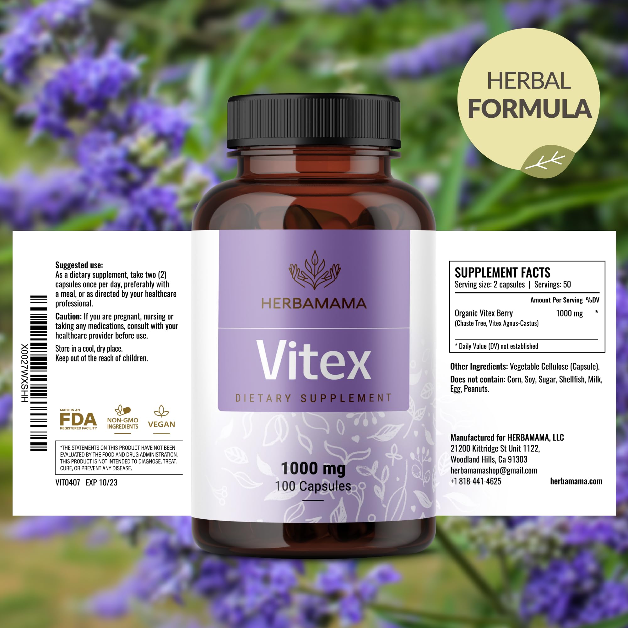 HERBAMAMA Vitex Fruit Capsules - 1000mg Chaste Tree Berry Powder for Women's Support - Vegan, Non-GMO Pure Vitex Chasteberry Supplement for Women (Pack of 2)