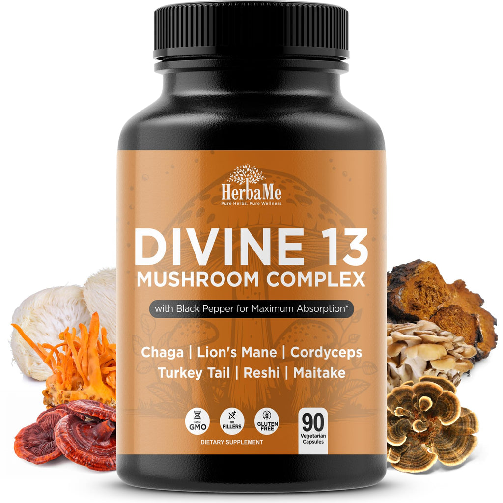 HerbaMe Mushroom Extract Complex with Black Pepper – Nootropic Brain Support & Immune Health | 90 Capsules
