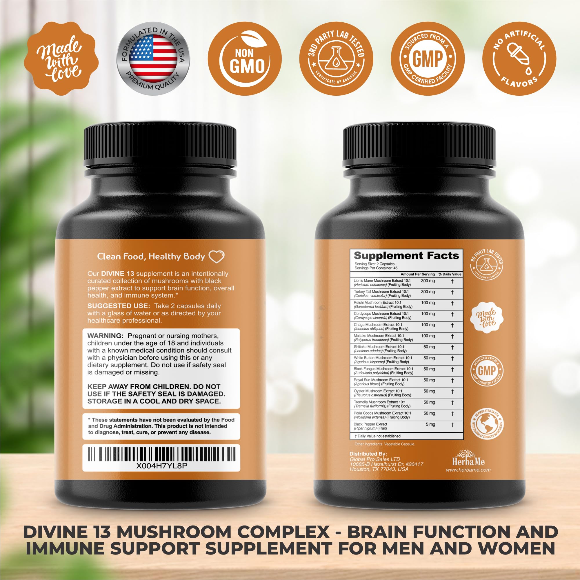 HerbaMe Mushroom Extract Complex with Black Pepper – Nootropic Brain Support & Immune Health | 90 Capsules