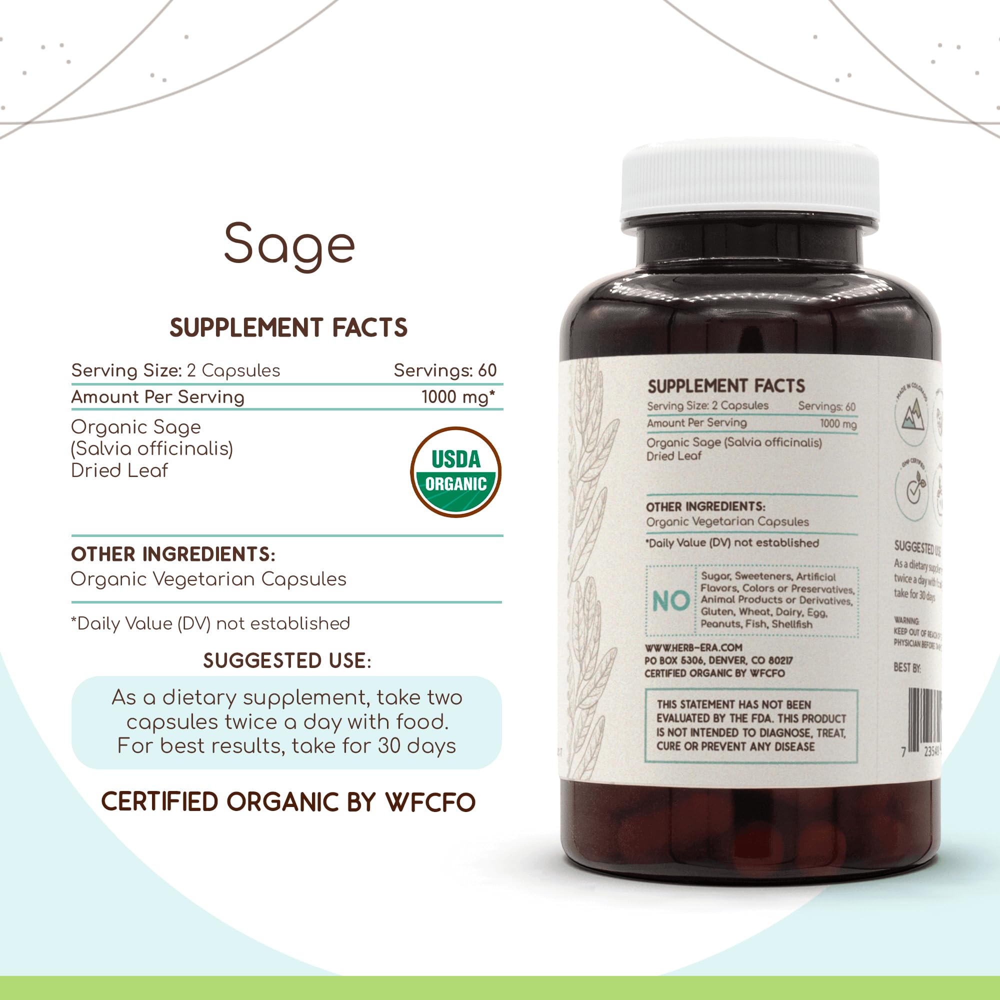 HerbEra Sage USDA Organic 120 Capsules | Organic Sage Supplement