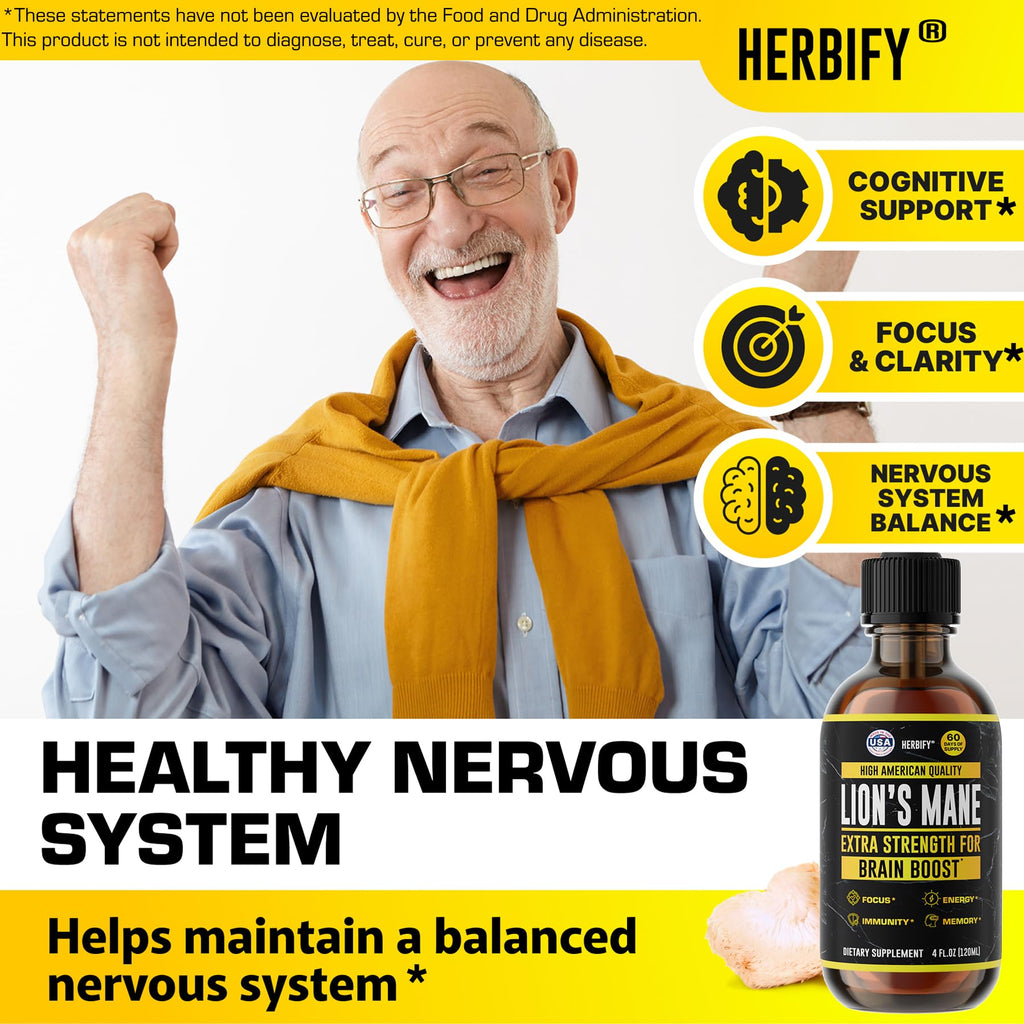 HERBIFY Lions Mane Supplement – Brain Booster, Focus & Clarity, Immune Support | 4 oz