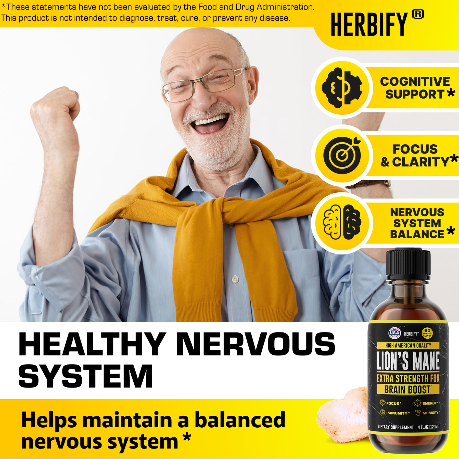 HERBIFY Lions Mane Supplement – Brain Booster, Focus & Clarity, Immune Support | 4 oz