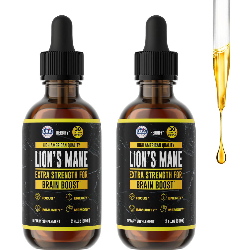 HERBIFY Lions Mane Mushroom Supplement - Immune Support & Focus (2 fl oz, 2 Pack)