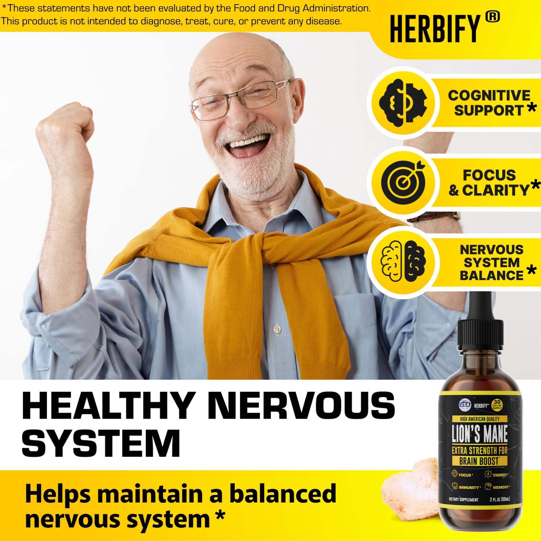 HERBIFY Lions Mane Mushroom Supplement - Immune Support & Focus (2 fl oz, 2 Pack)