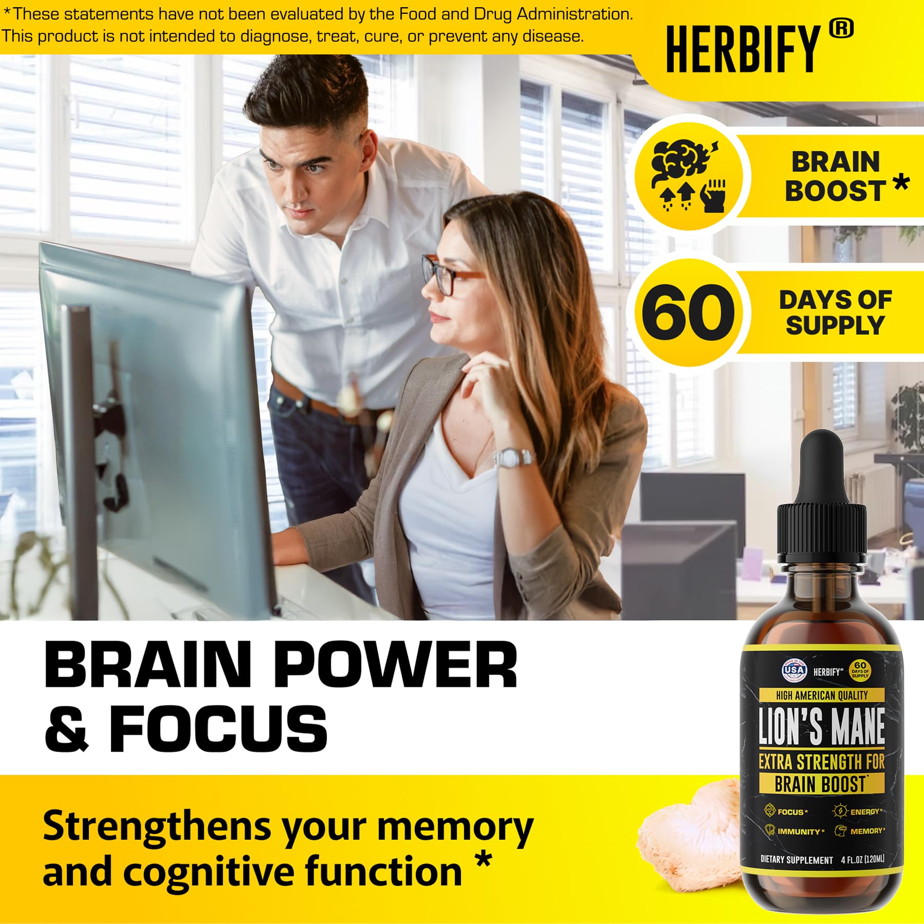 HERBIFY Lions Mane Supplement – Brain Booster, Focus & Clarity, Immune Support | 4 oz