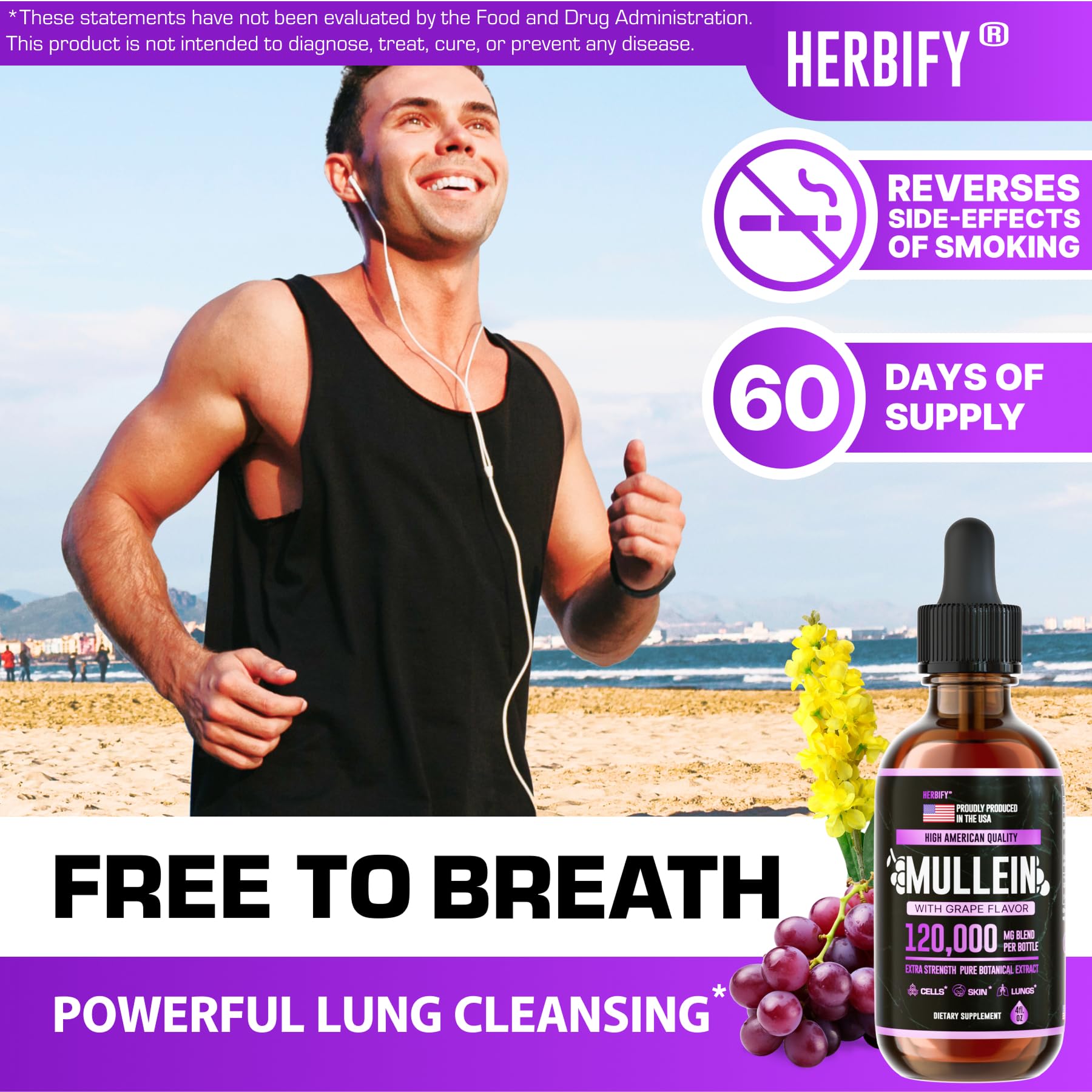 HERBIFY Mullein Drops – Lung Support & Immune Support, Made in USA, 4 Oz Grape Flavor