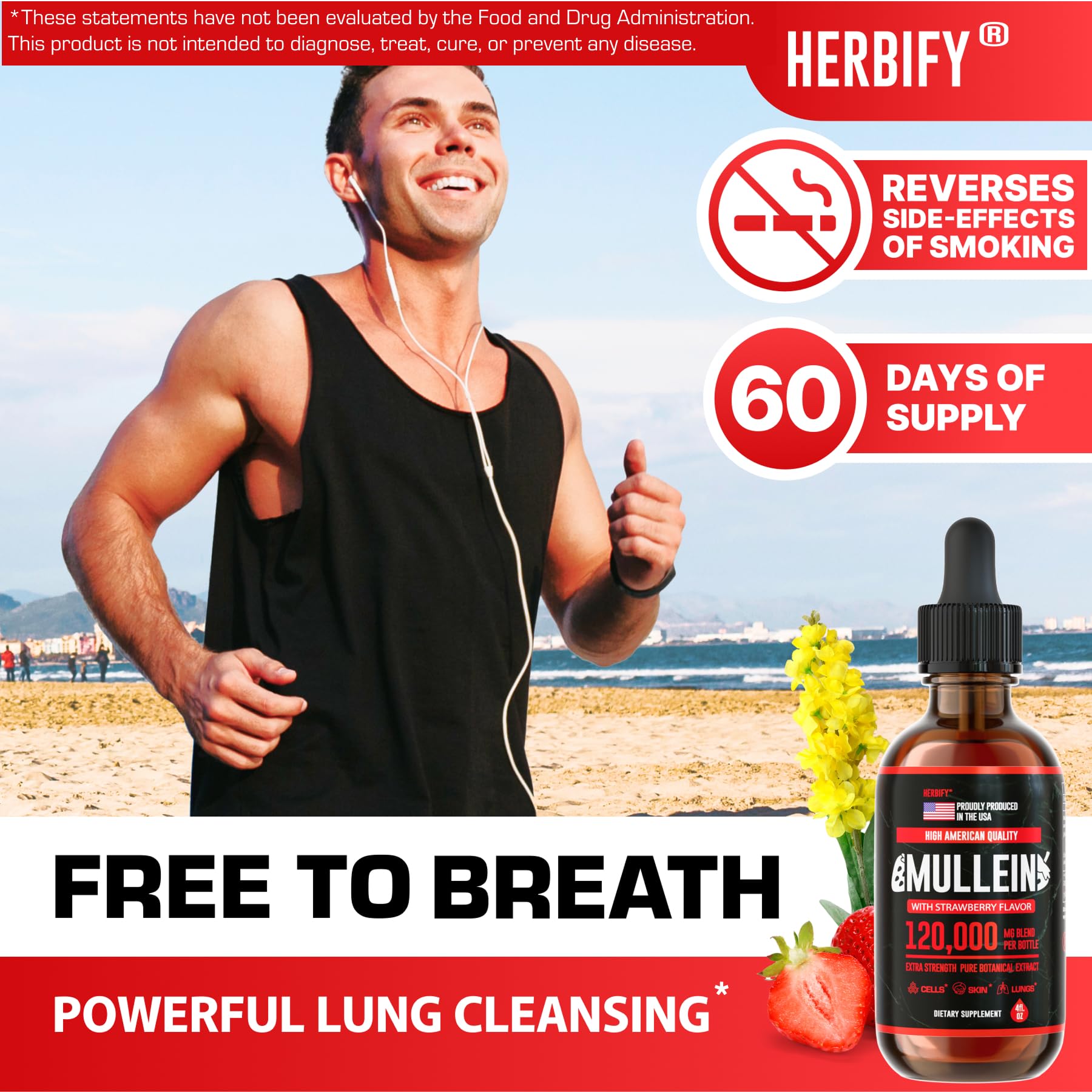 HERBIFY Mullein Drops - Lung Cleanse & Respiratory Support - Strawberry Flavor, 4 oz - Made in USA