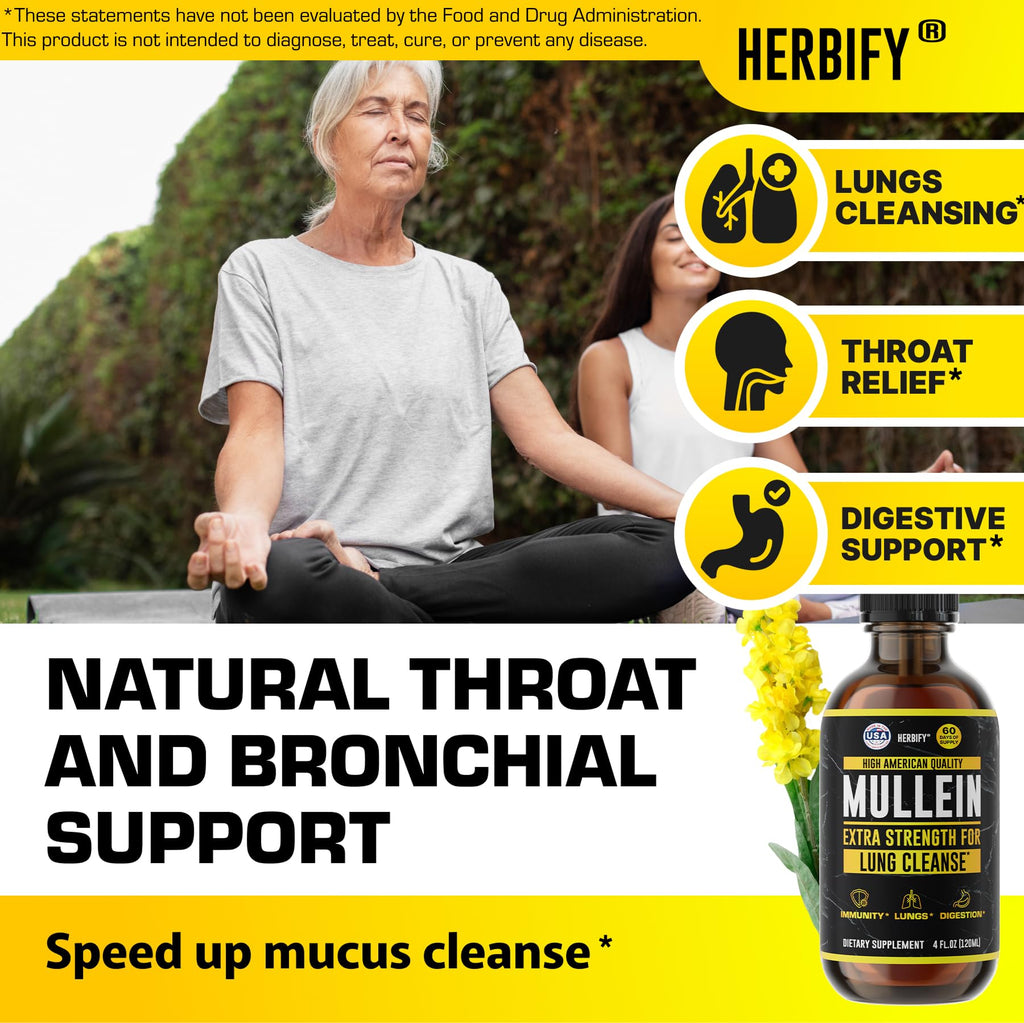 HERBIFY Mullein Drops - Lung Cleanse, Immune Support | Made in USA | 4 Oz