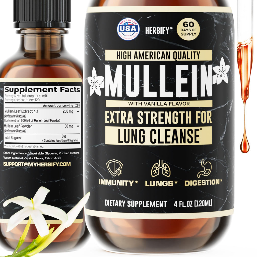 HERBIFY Mullein Drops – Lung Cleansing, Respiratory Support, Vanilla Flavor | Made in USA | 4 oz