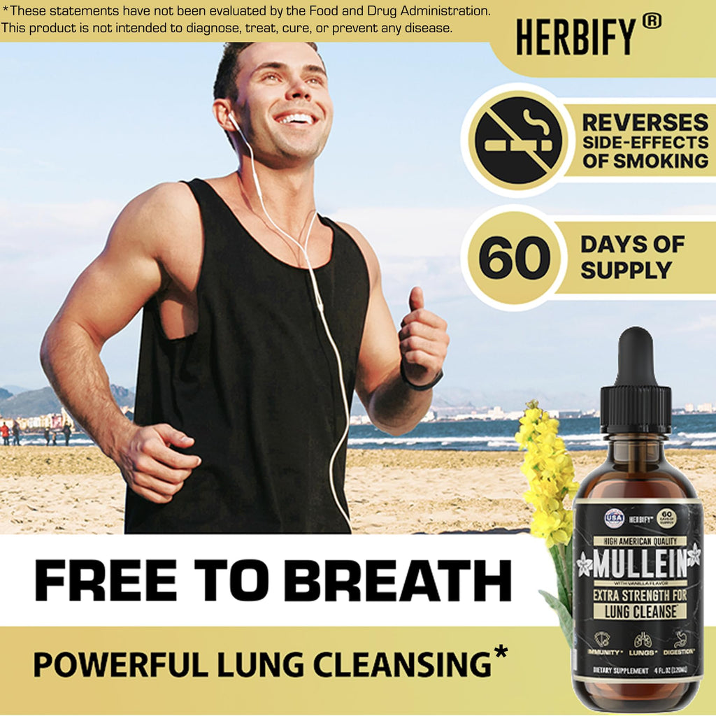 HERBIFY Mullein Drops – Lung Cleansing, Respiratory Support, Vanilla Flavor | Made in USA | 4 oz