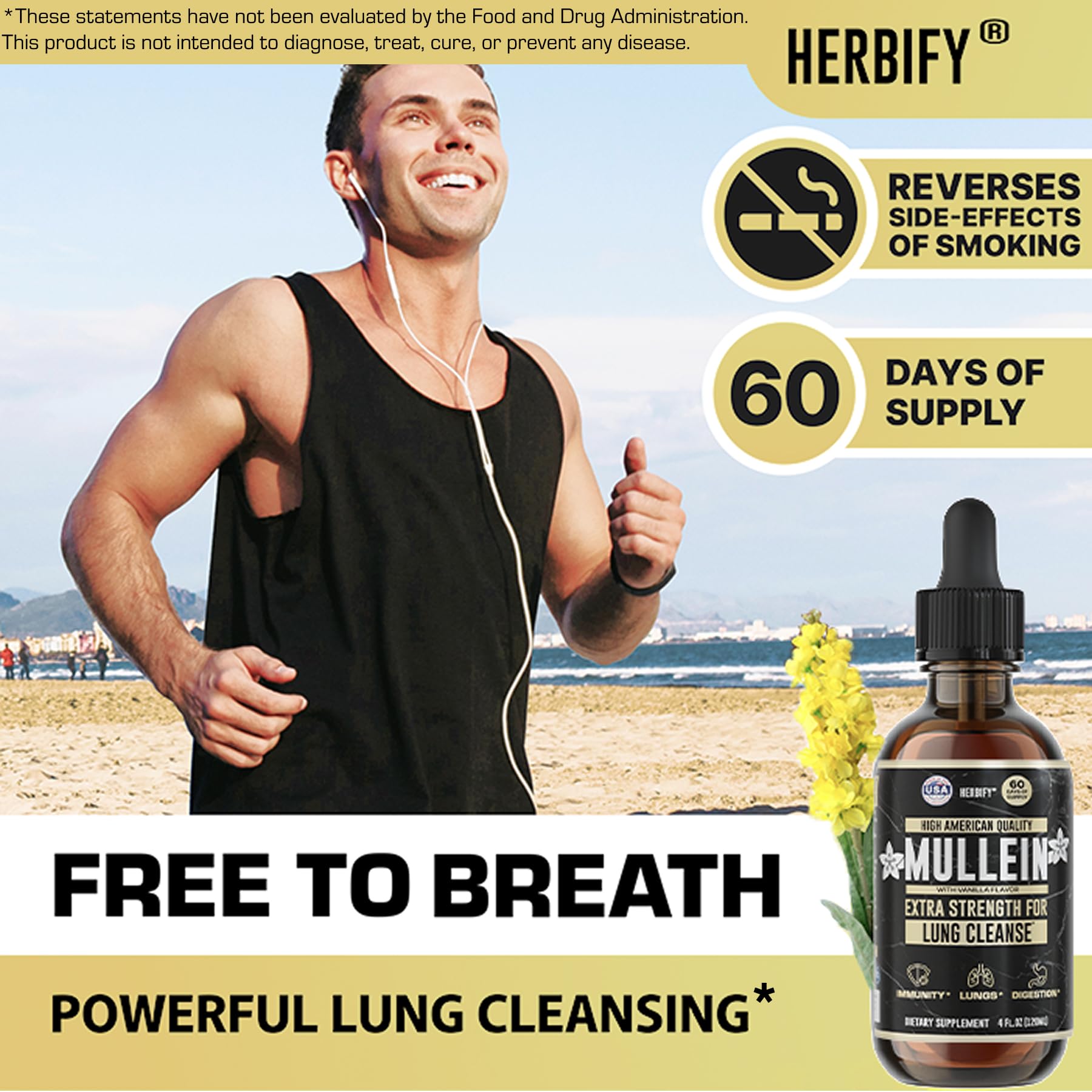 HERBIFY Mullein Drops – Lung Cleansing, Respiratory Support, Vanilla Flavor | Made in USA | 4 oz
