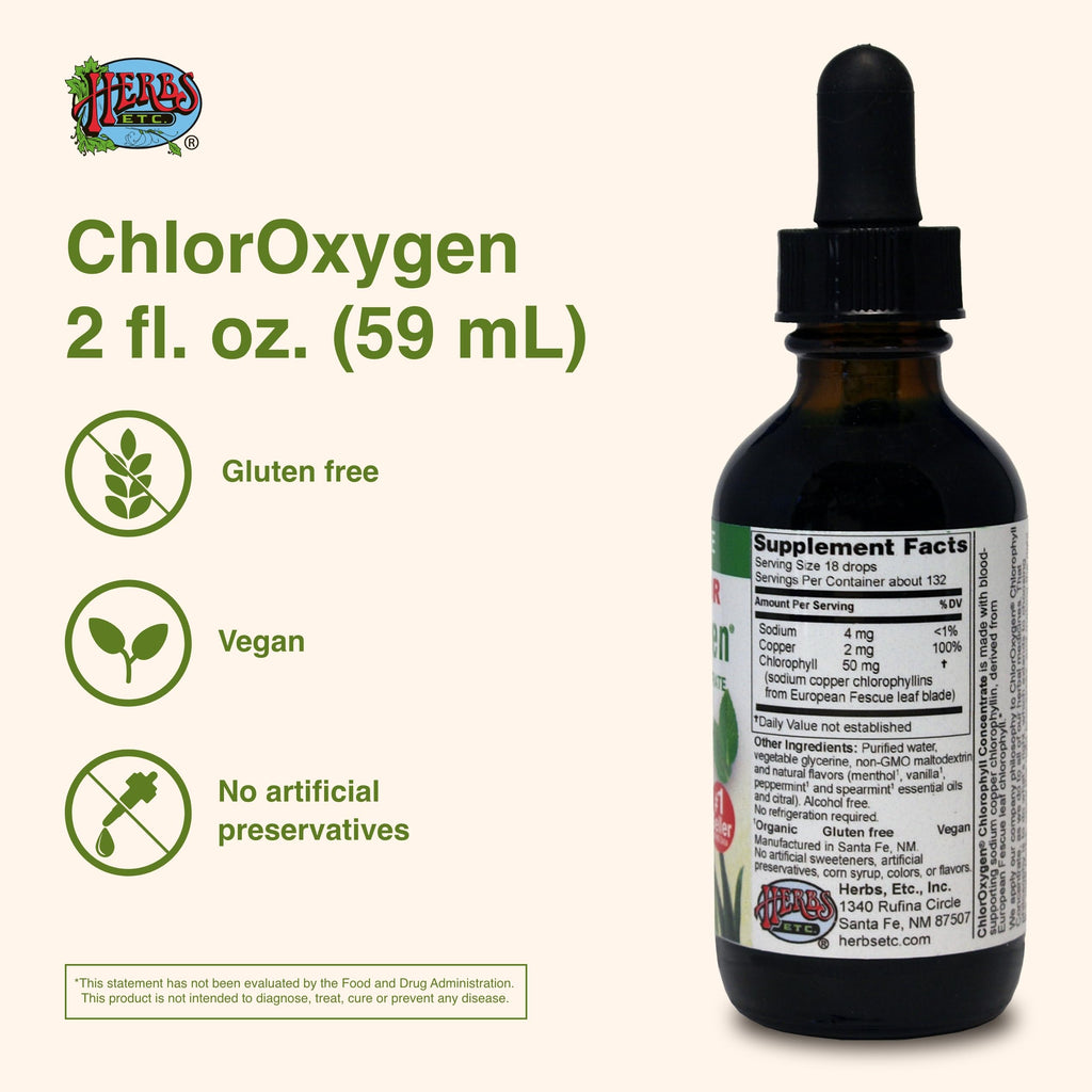 ChlorOxygen Chlorophyll Concentrate by Herbs Etc. - Alcohol-Free, Highly-Concentrated Chlorophyll | 2 oz (132 Servings)