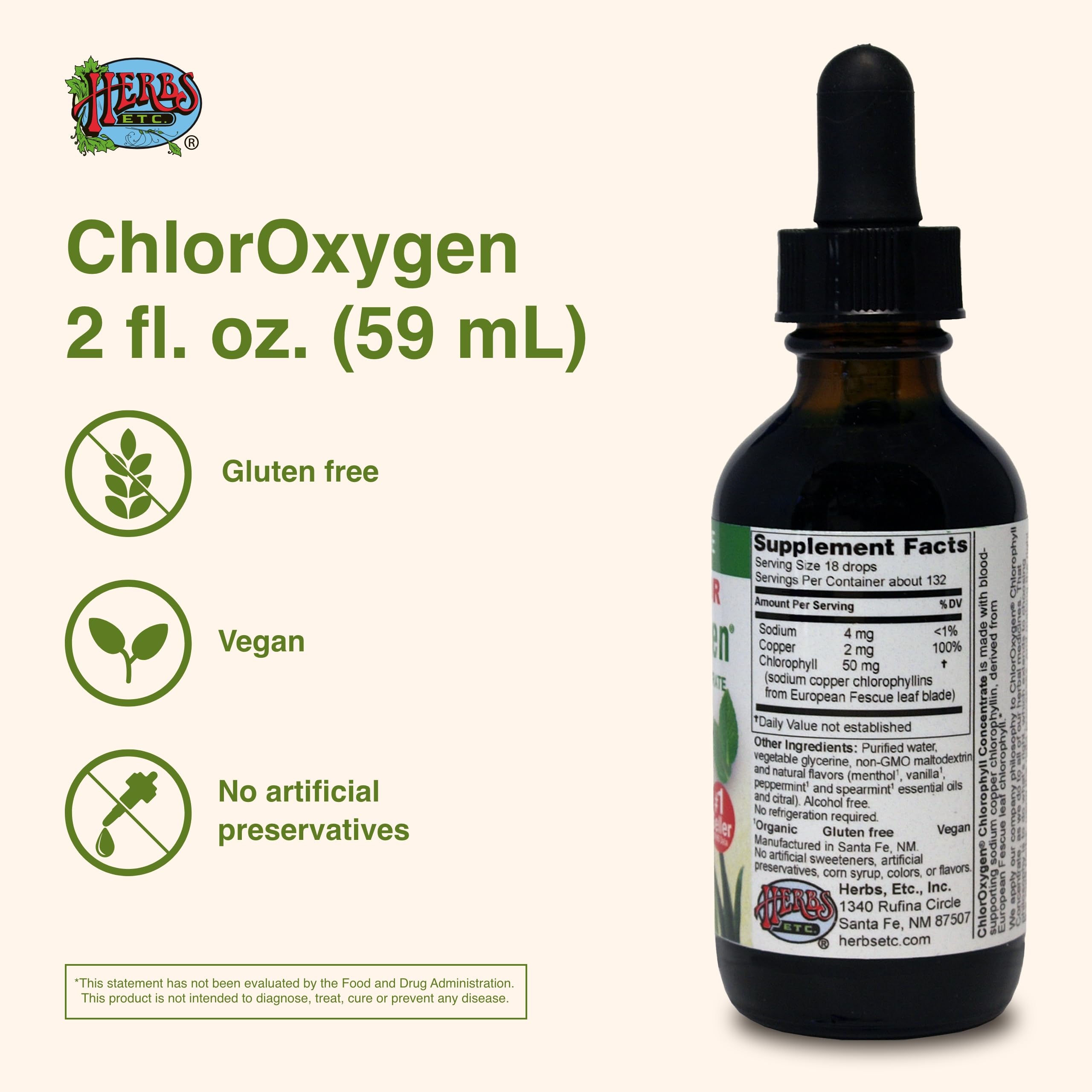 ChlorOxygen Chlorophyll Concentrate by Herbs Etc. - Alcohol-Free, Highly-Concentrated Chlorophyll | 2 oz (132 Servings)