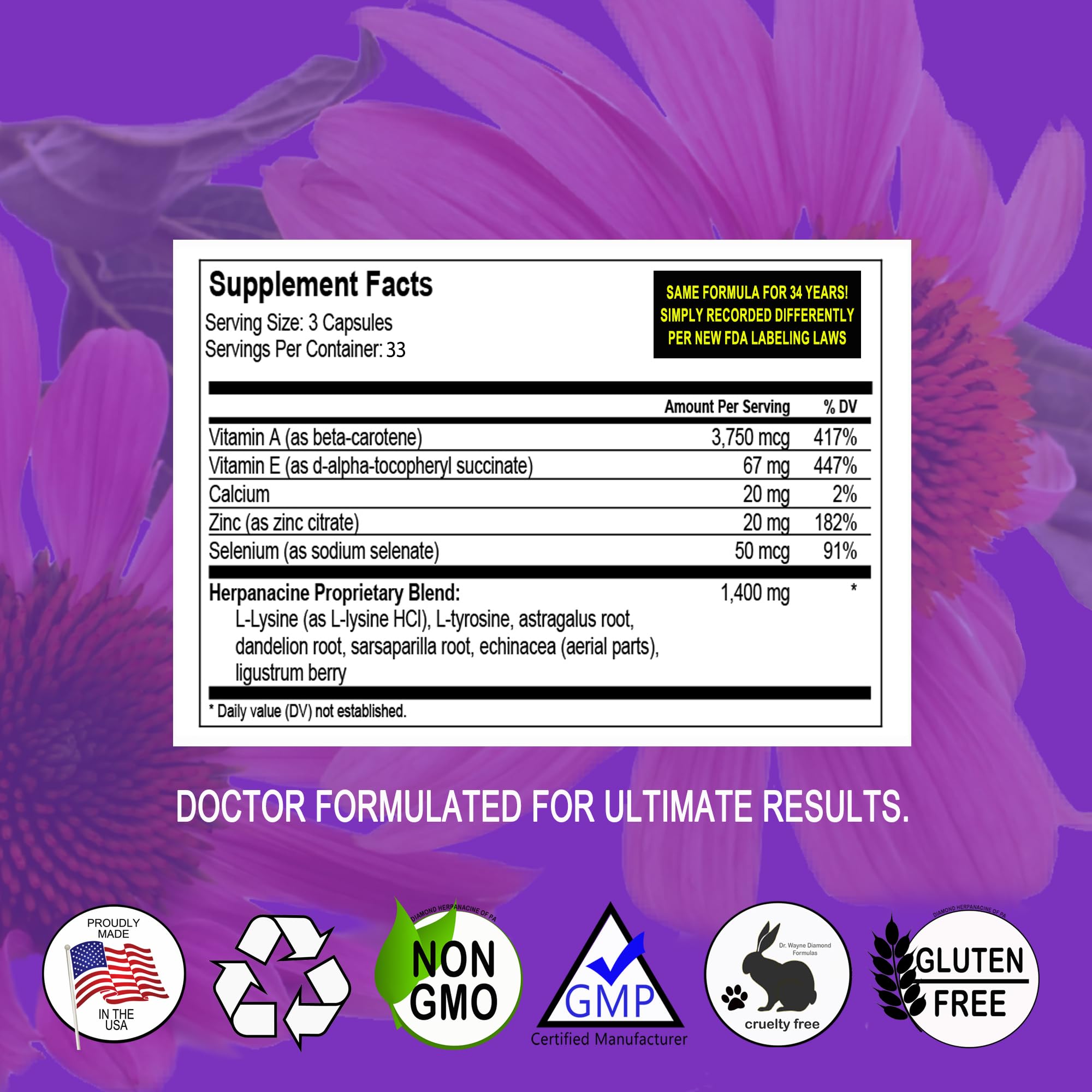 Herpanacine Diamond - Natural Skin Care & Immune Support Vitamins (100 Count)