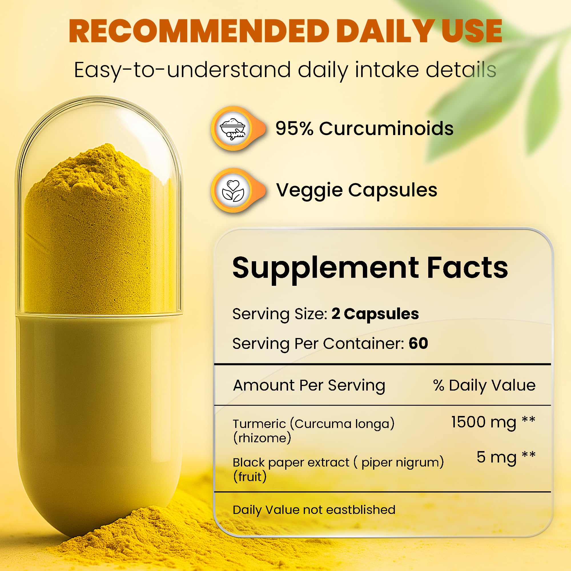 HERVIVA Turmeric Curcumin 1500mg with Black Pepper 5mg – High Potency, Vegan Capsules – Non-GMO, Gluten-Free – 120 Count