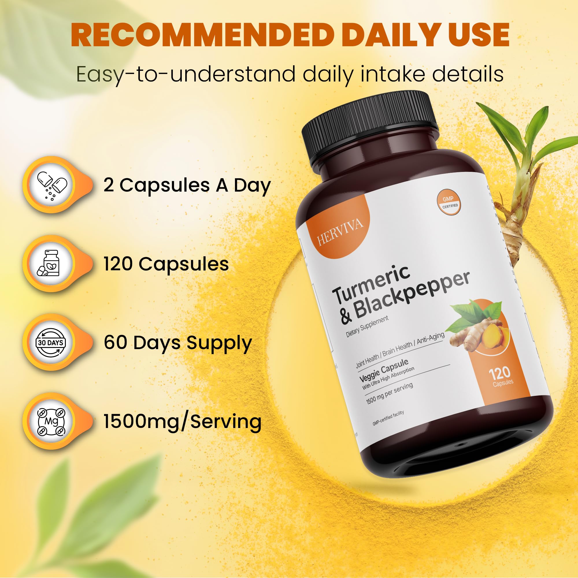 HERVIVA Turmeric Curcumin 1500mg with Black Pepper 5mg – High Potency, Vegan Capsules – Non-GMO, Gluten-Free – 120 Count