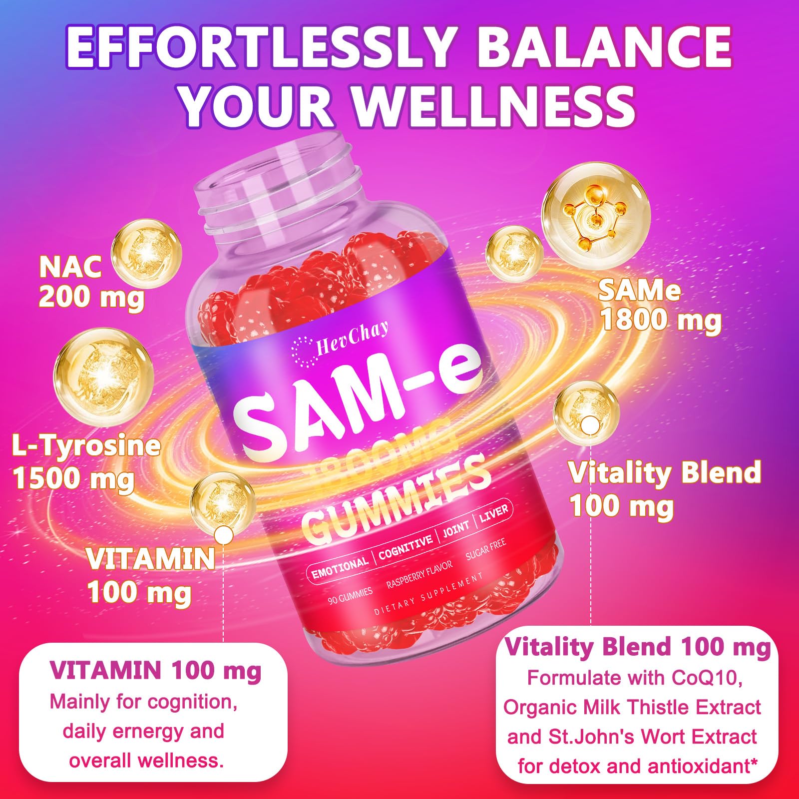 HevChay SAM-e Gummies - 1800 mg High-Absorption SAM-e for Brain, Mood, Joints & Liver - Vegan