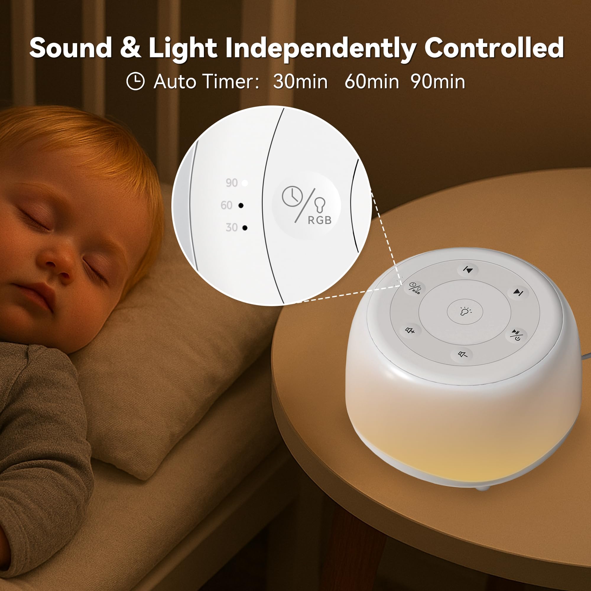 HEYAXA White Noise Sound Machine with 7-Color Night Light — 34 Soothing Sounds, Portable Sleep Aid