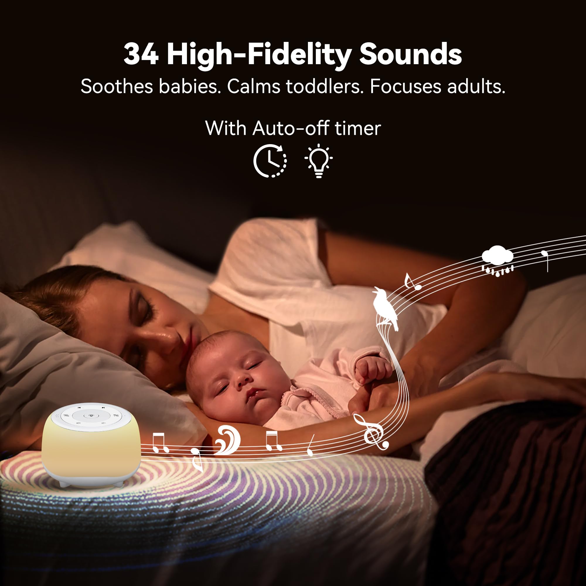 HEYAXA White Noise Sound Machine with 7-Color Night Light — 34 Soothing Sounds, Portable Sleep Aid