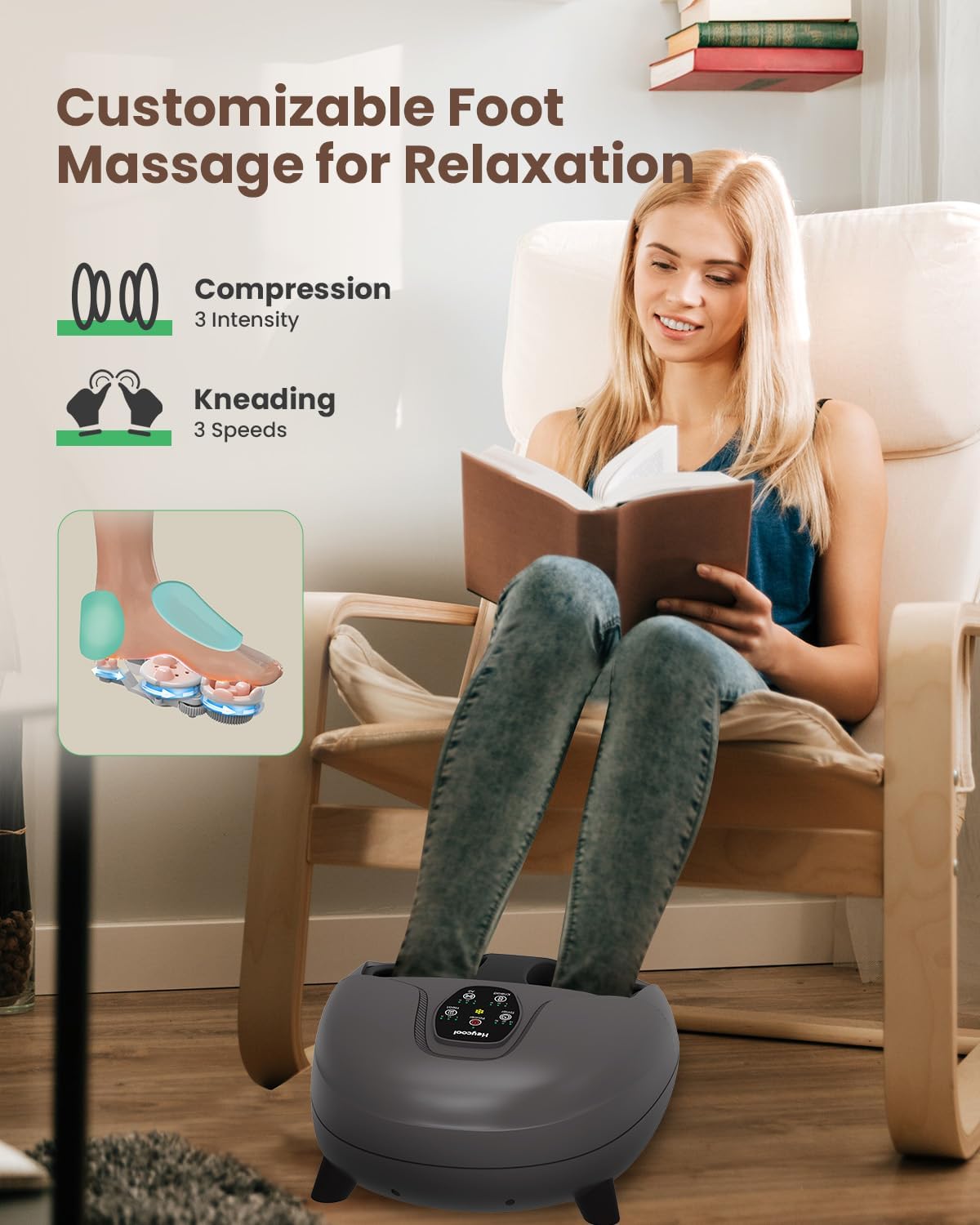 Heycool Shiatsu Foot Massager with Heat — Kneading, Remote, Size 14