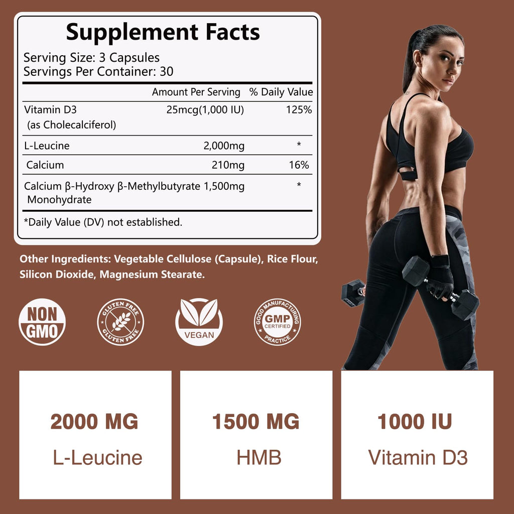 HFELIZ HMB + Leucine Supplement – 3500mg L-Leucine HMB with Vitamin D3, 90 Capsules