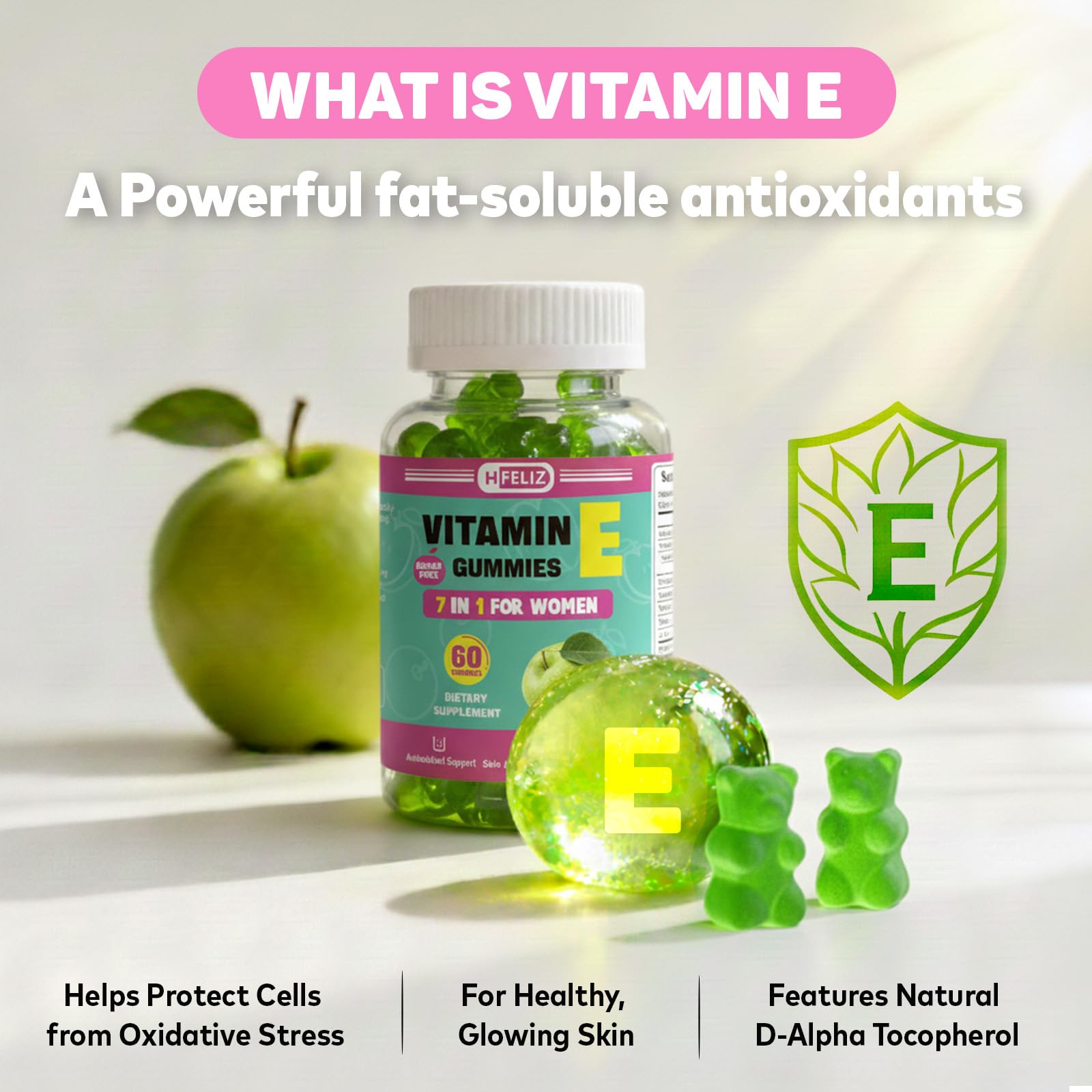HFELIZ Vitamin E Gummies 400 IU for Women – 7-in-1 Skin, Nail, Hair & Antioxidant Support – 60 Ct
