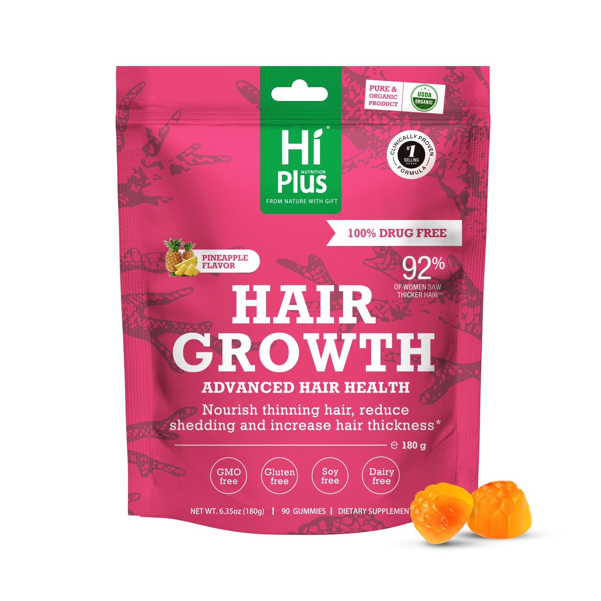 HiPlus Women's Hair Growth Gummies – Pineapple Flavor, 90 Gummies, 45-Day Supply | Biotin, Collagen, Zinc, Vitamin C & Iron