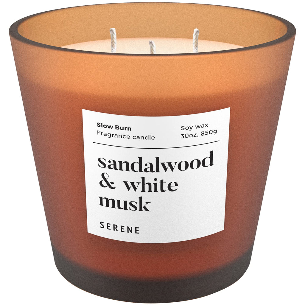 Hidden Label Large Scented Candle – Sandalwood & White Musk, 30oz 3-Wick, Huge Slow Burn Soy
