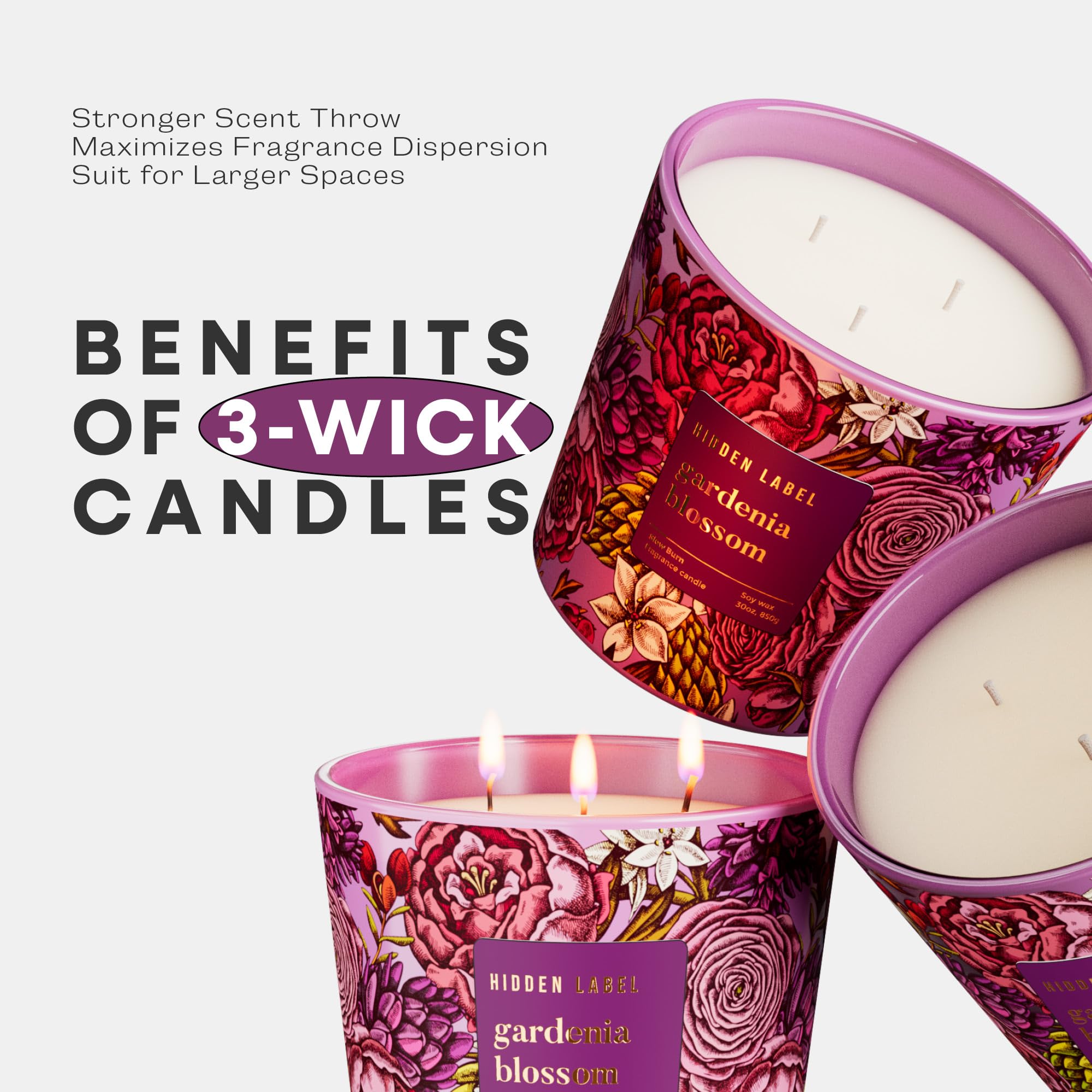 Hidden Label Big Gardenia Blossom Soy Candle - 3-Wick, 30oz, 100 Hour Burn, Non-Toxic