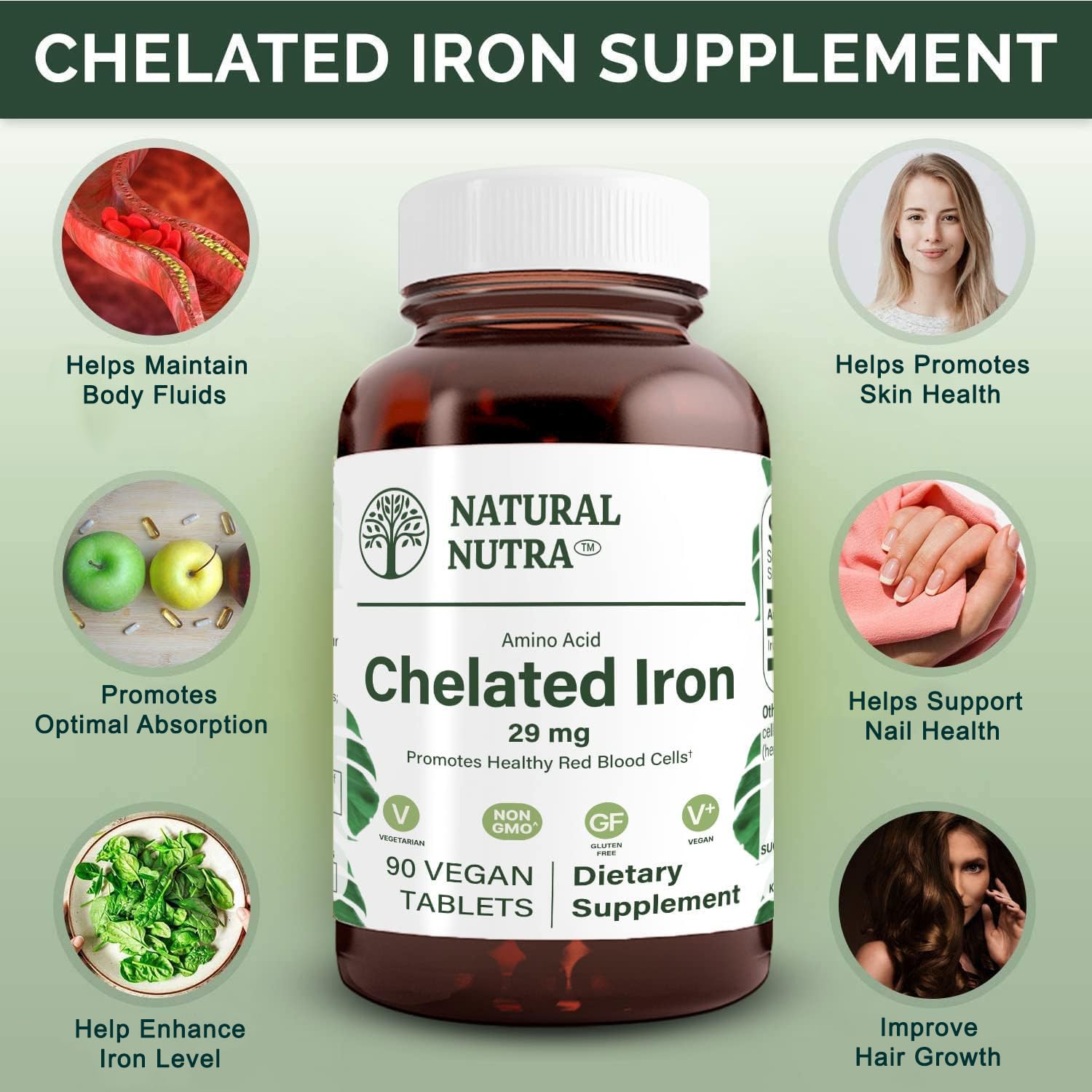 Natural Nutra Chelated Iron Supplement – Hair, Skin & Nails Health, 90 Tablets