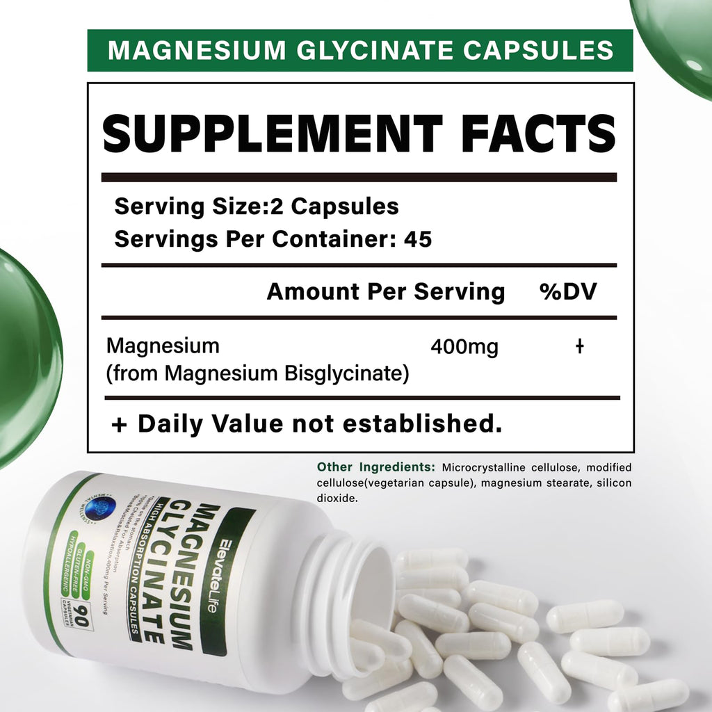 Magnesium Glycinate 400 mg – Chelated, High Absorption, Gentle on Stomach | 90 Vegetarian Capsules