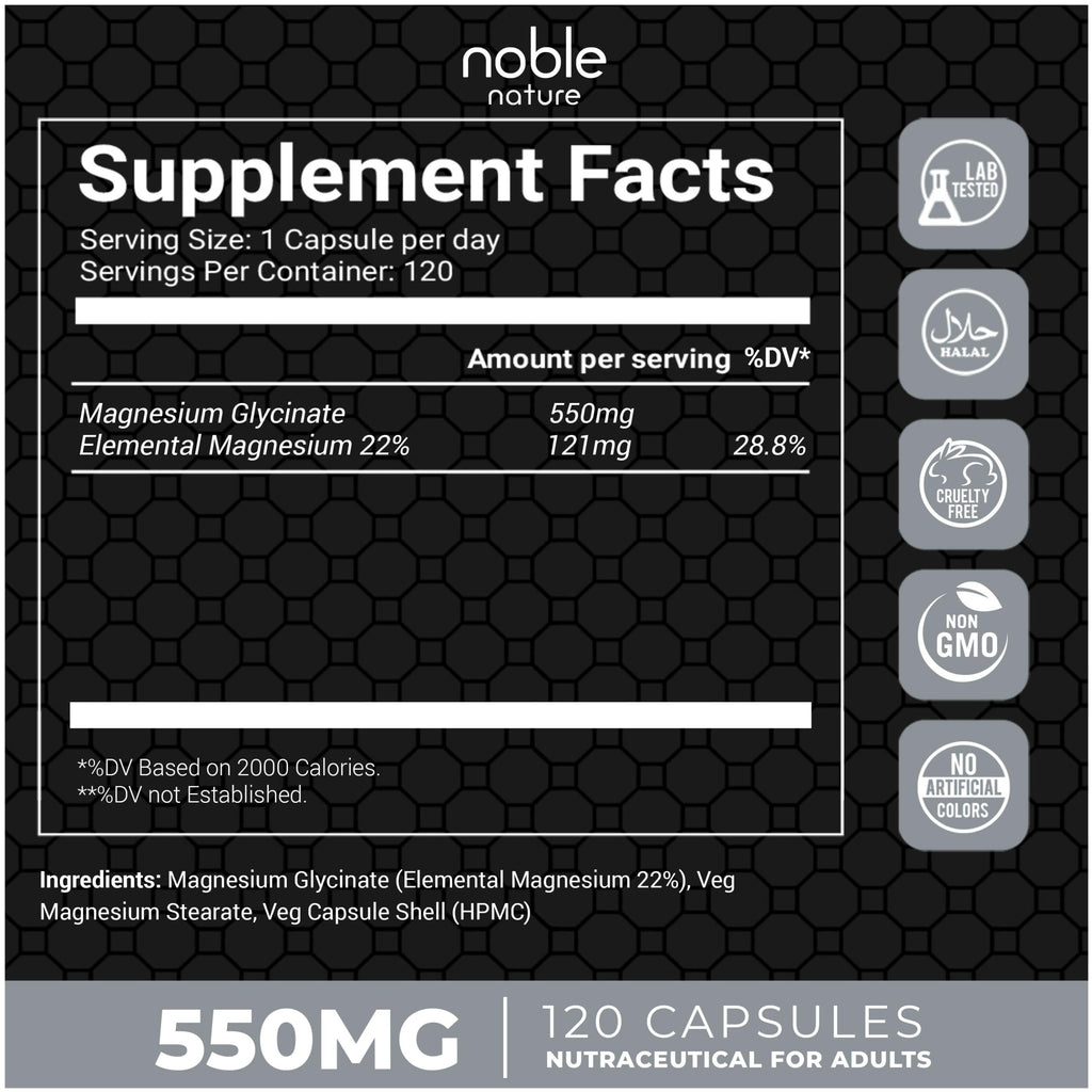 High Absorption Magnesium Glycinate 550mg - 120 Veg Capsules - 4 Months Supply