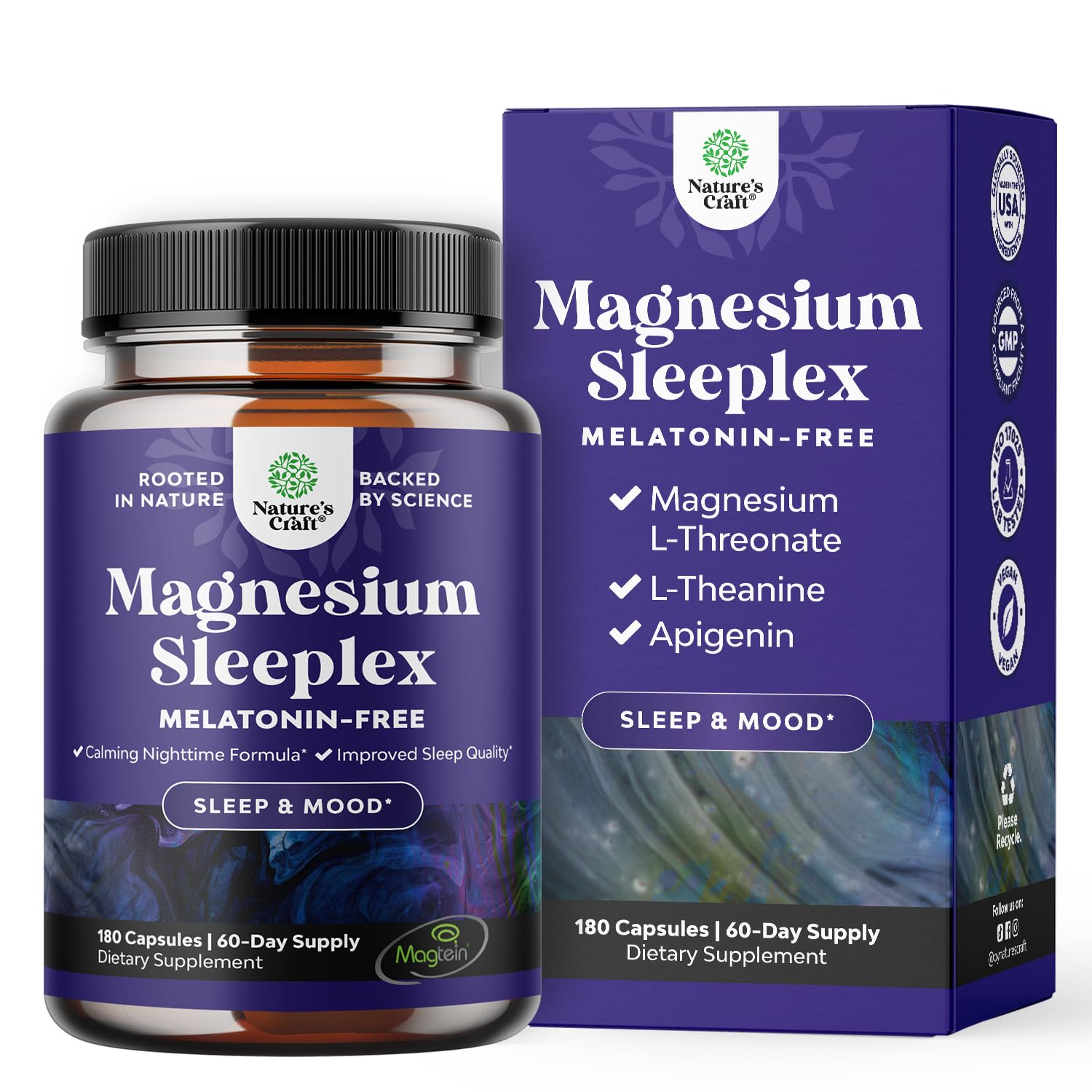 High Absorption Magnesium Sleep Supplement - Magtein L-Threonate + Apigenin Theanine for Rest (180 Ct)