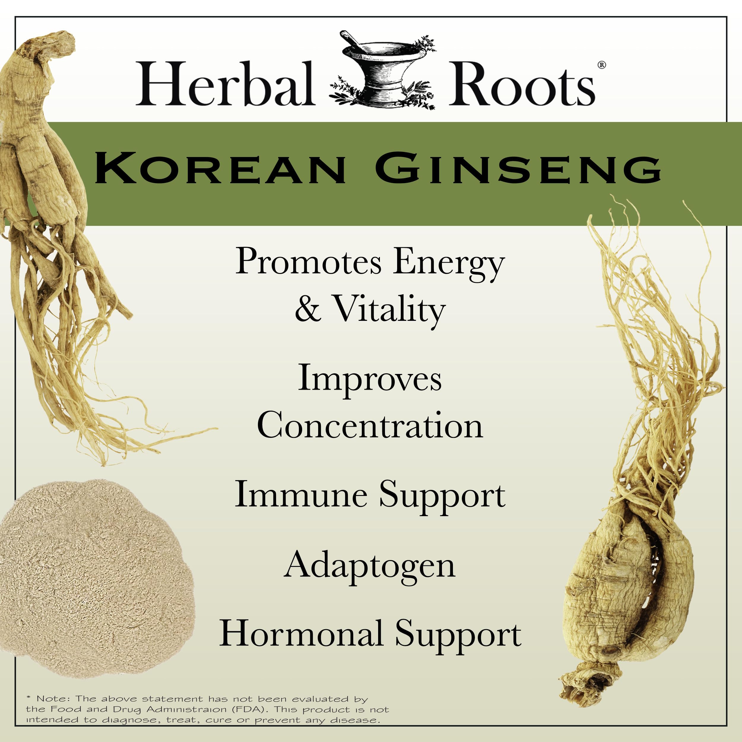 Herbal Roots Panax Ginseng | Organic Korean Ginseng Root Powder 1000mg | High Ginsenosides for Energy & Performance | 60 Vegan Capsules