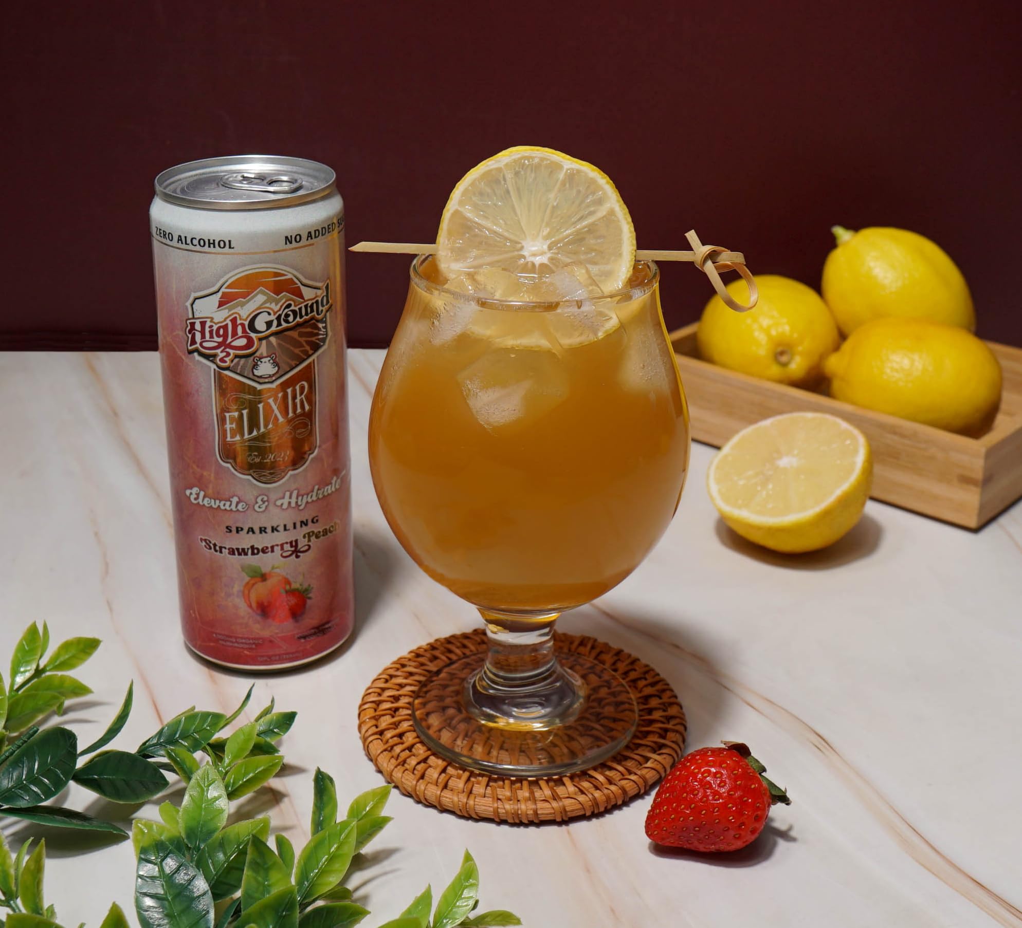 High Ground Elixir Mushroom Seltzer - Strawberry Peach | Low Cal, No Added Sugar | 12oz Cans (12 Pack)