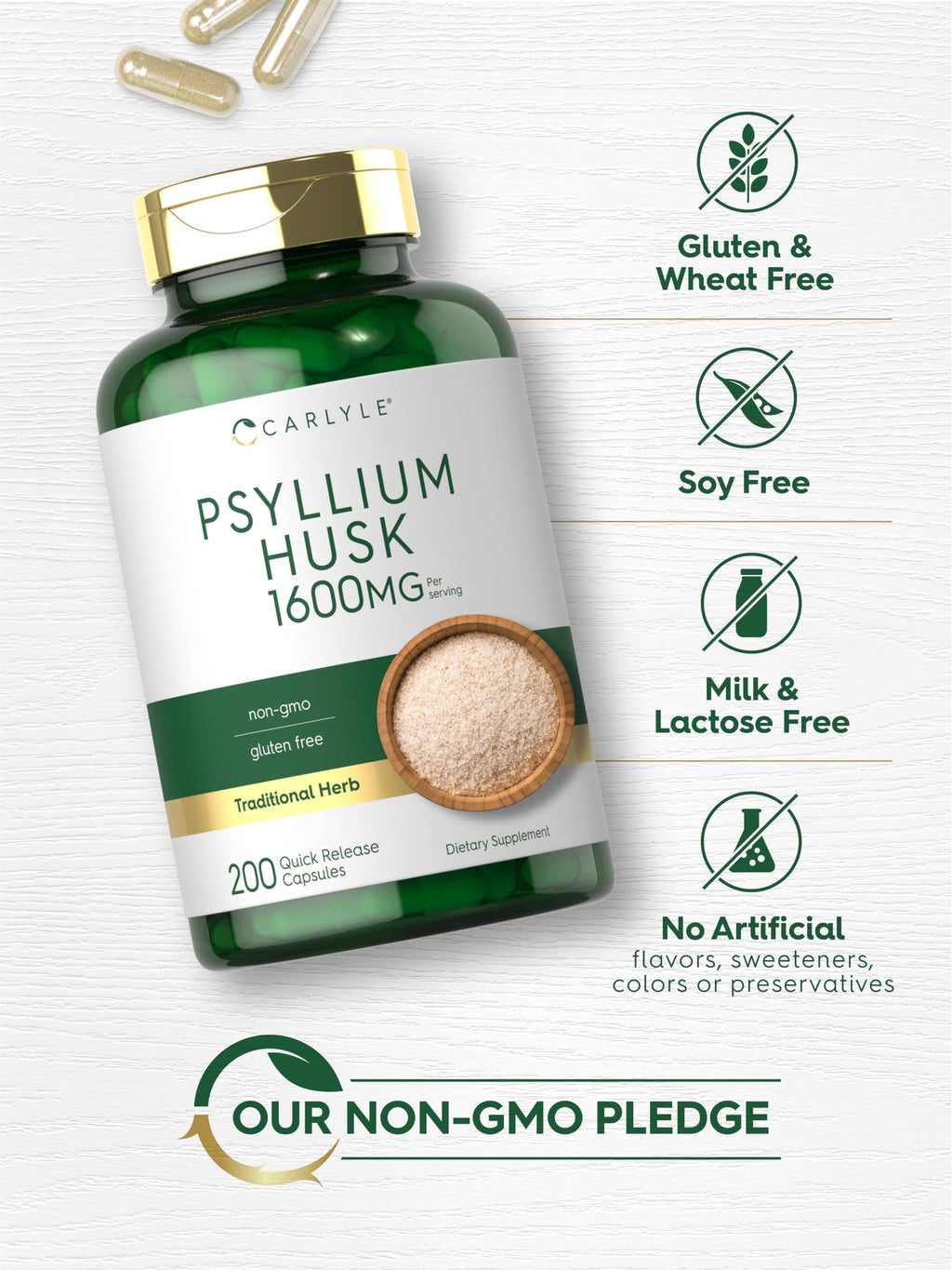 Carlyle Psyllium Husk Capsules 1600mg – 200 Count | High Potency Fiber