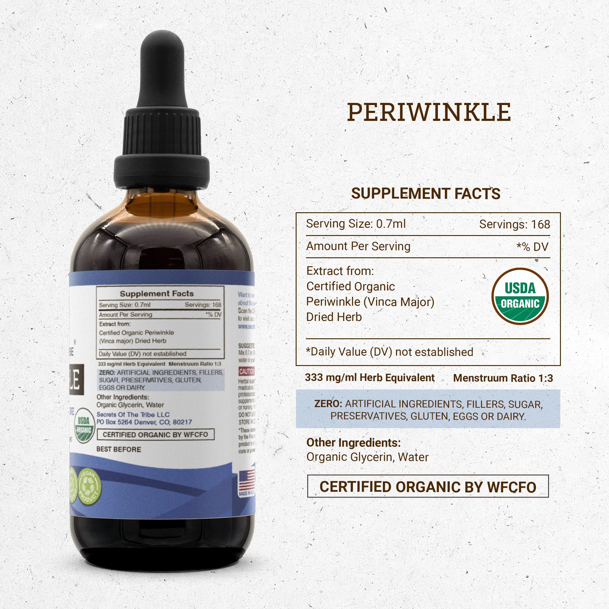 Secrets of the Tribe Periwinkle USDA Organic | Alcohol-Free Extract, High-Potency Herbal Drops | Made from 100% Certified Organic Periwinkle (Vinca Major) Dried Herb (4 oz)