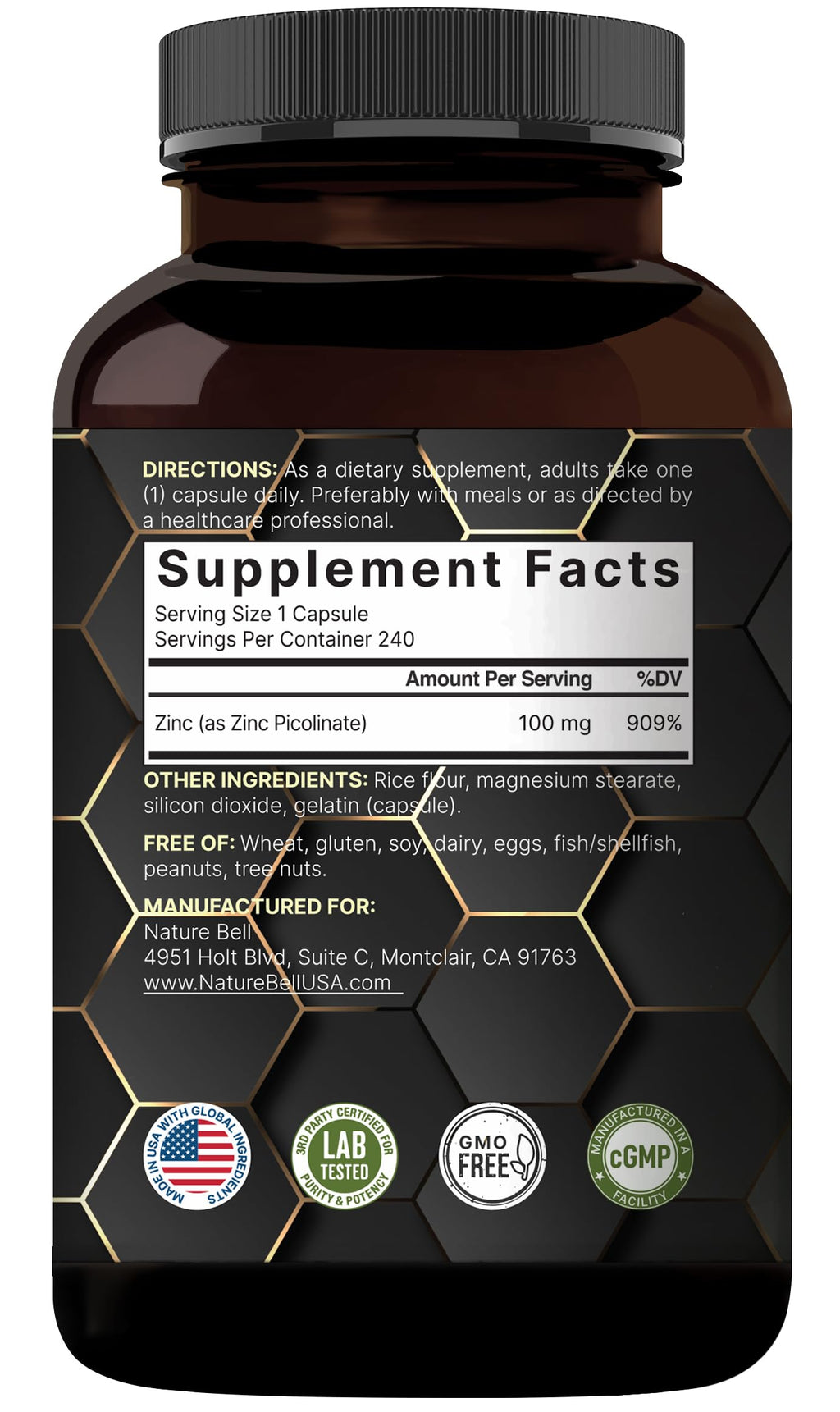 High Potency Zinc Picolinate 100mg - 240 Capsules | Immune Support & Skin Health | Non-GMO & Gluten Free