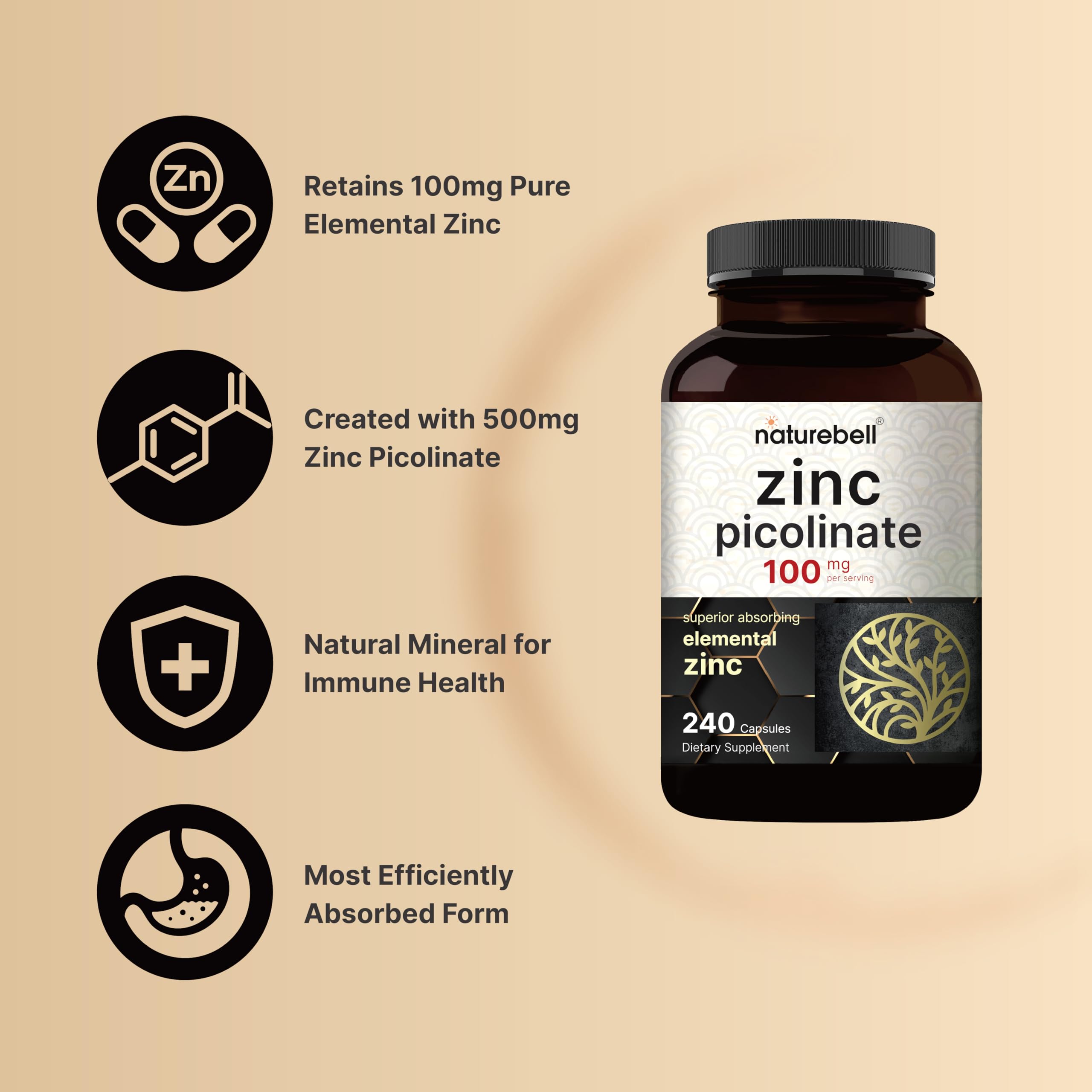 High Potency Zinc Picolinate 100mg - 240 Capsules | Immune Support & Skin Health | Non-GMO & Gluten Free