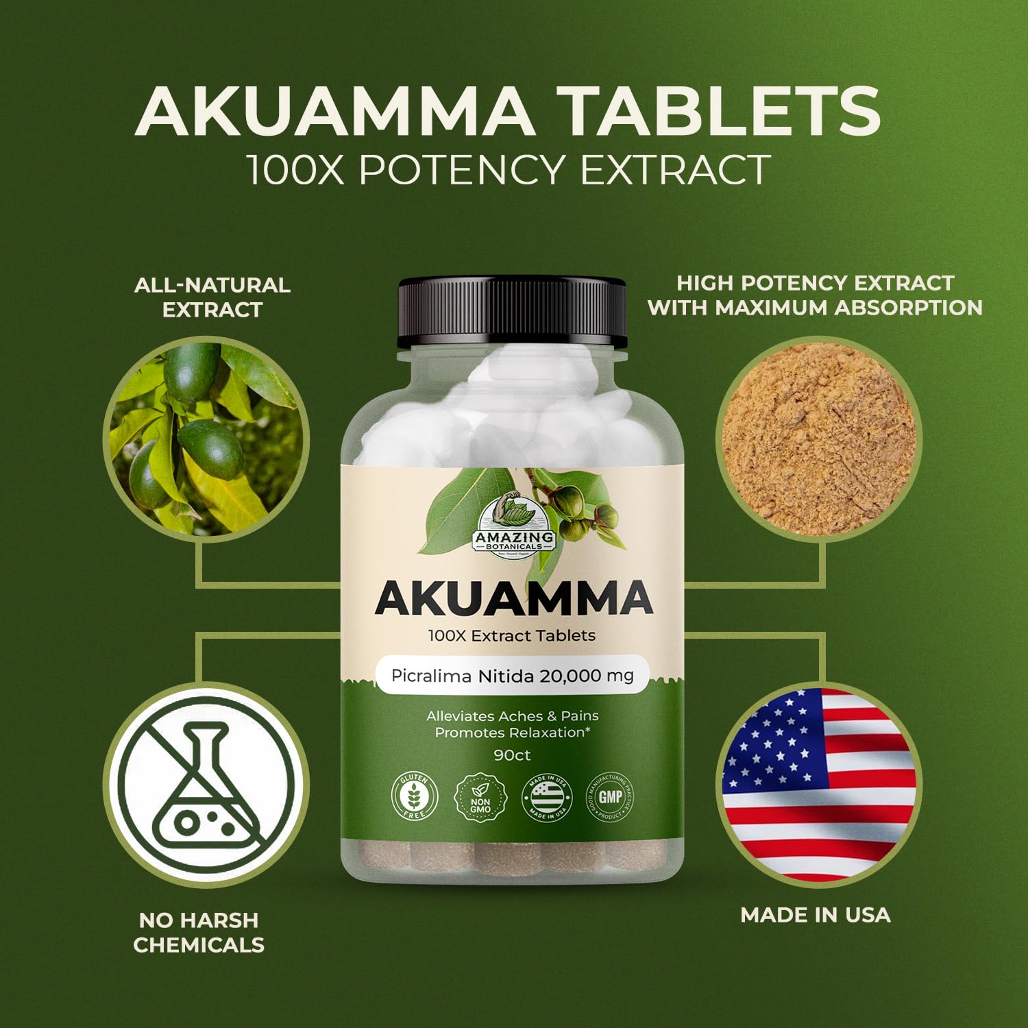 Amazing Botanicals Akuamma Extract Tablets – 200 mg, 90 Count | Focus & Calm